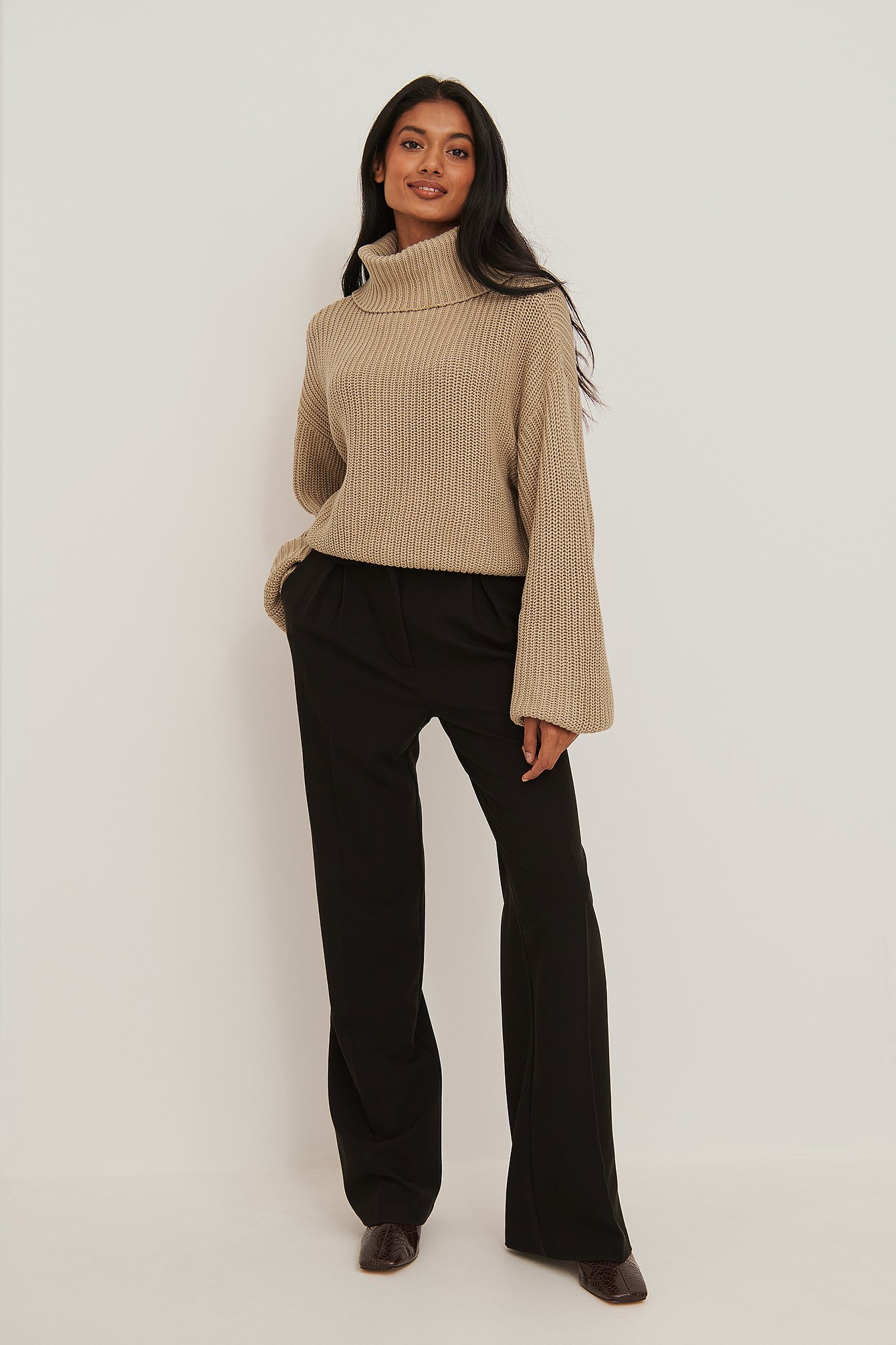 Beige Turtle Neck Short Knitted Sweater
