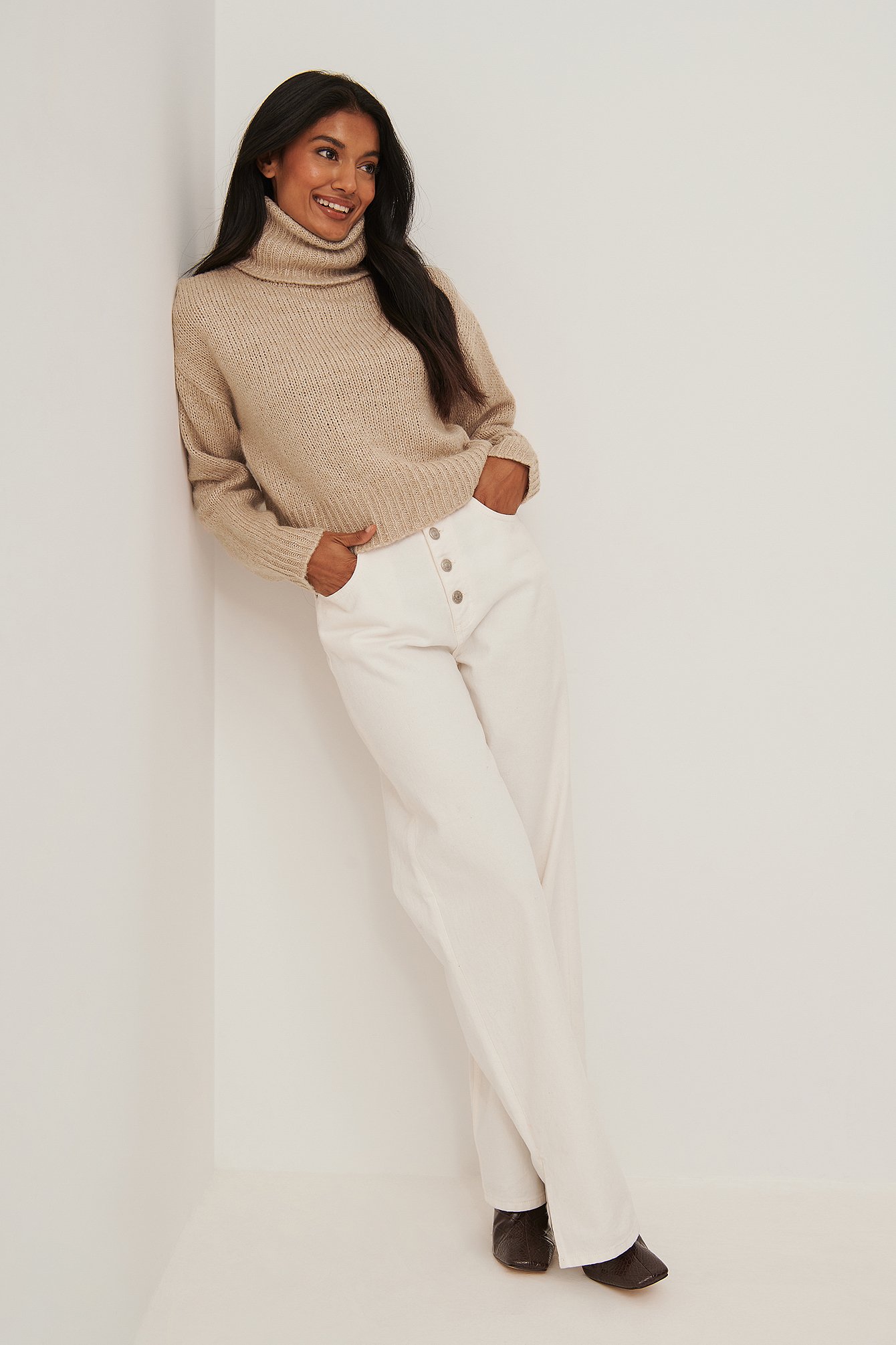 Knitted Melange High Neck Sweater Outfit.