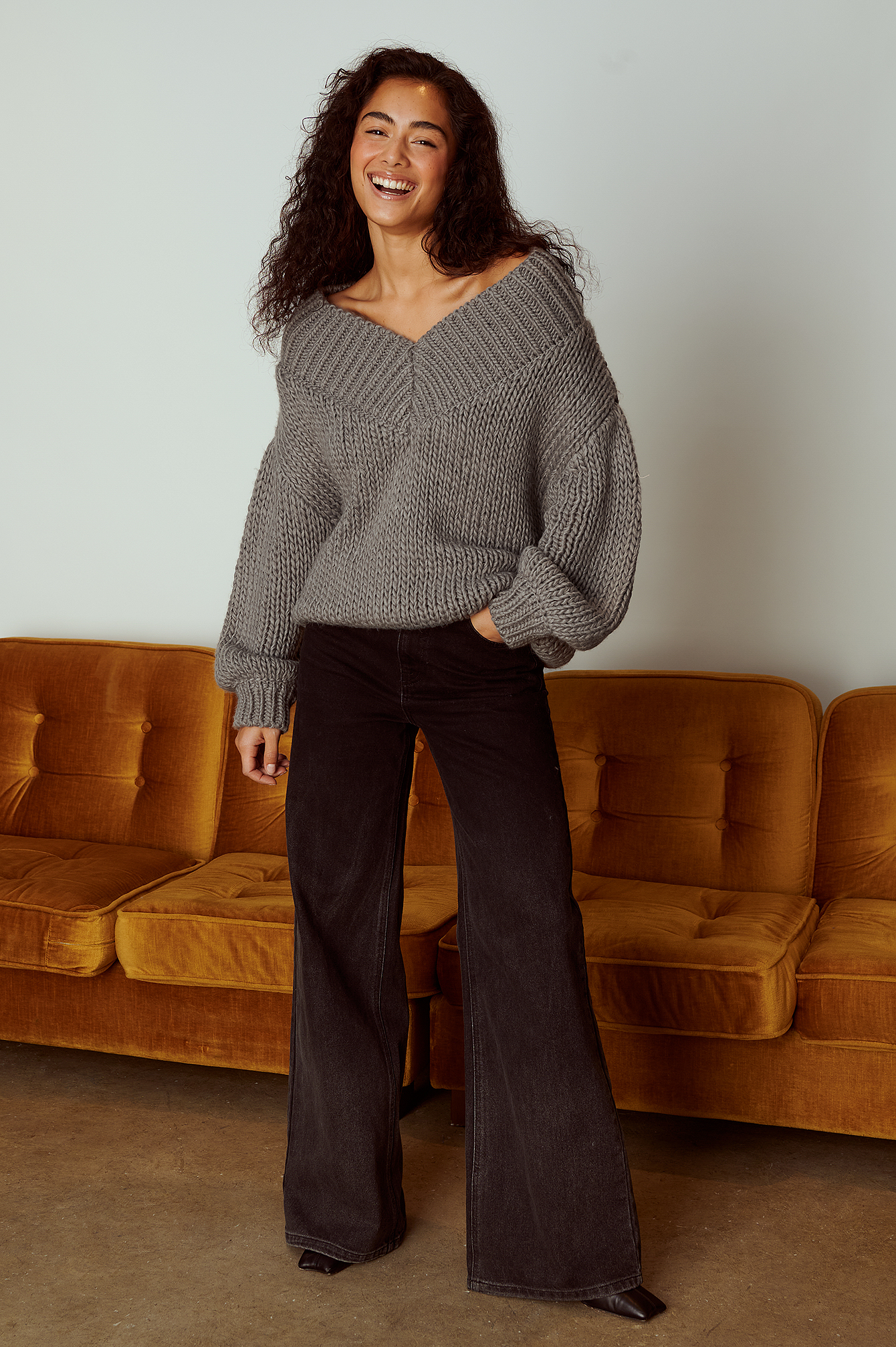 V Neck Oversized Knitted Sweater Outfit