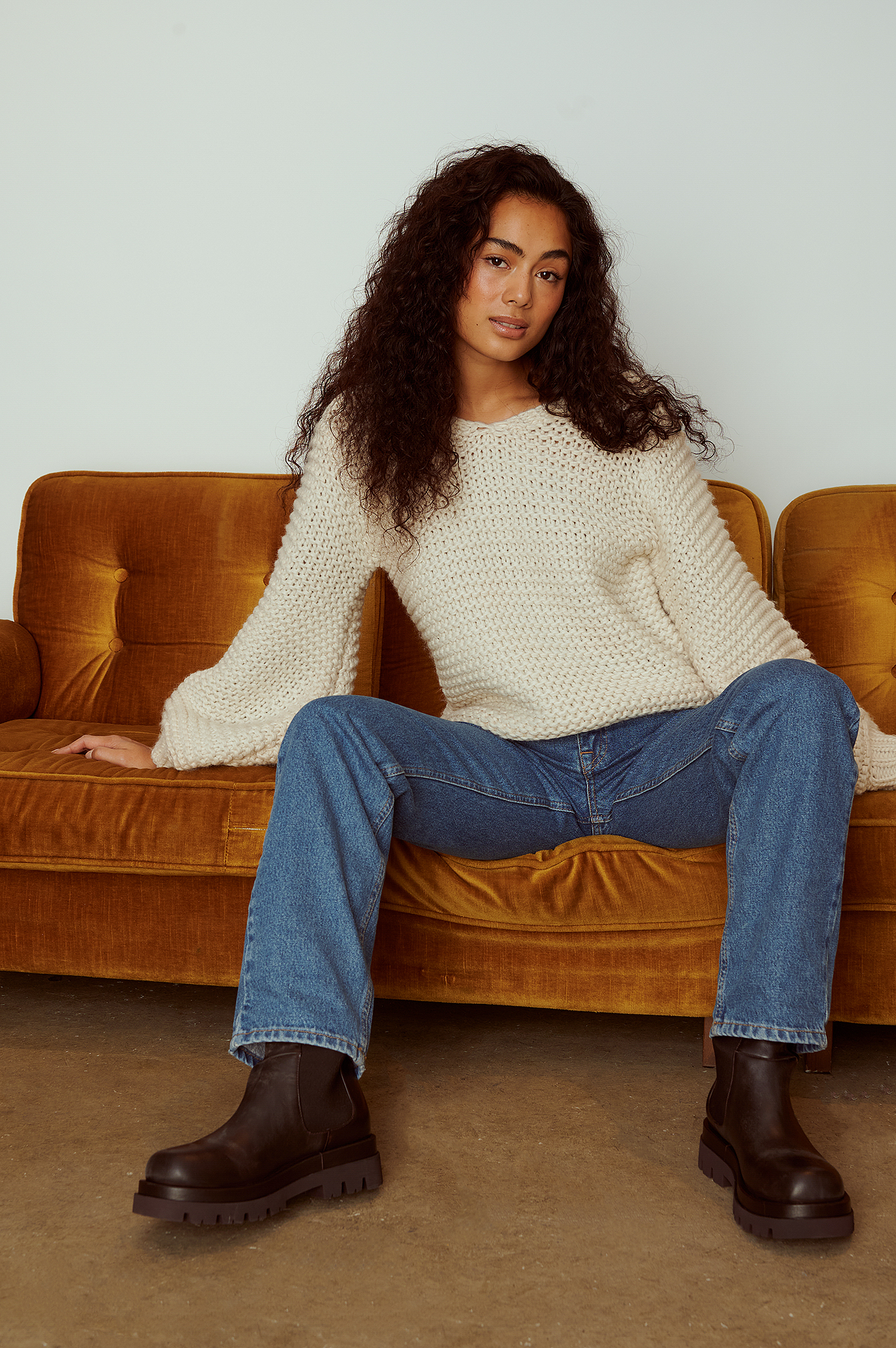 Wide Neckdrop Knitted Sweater Outfit