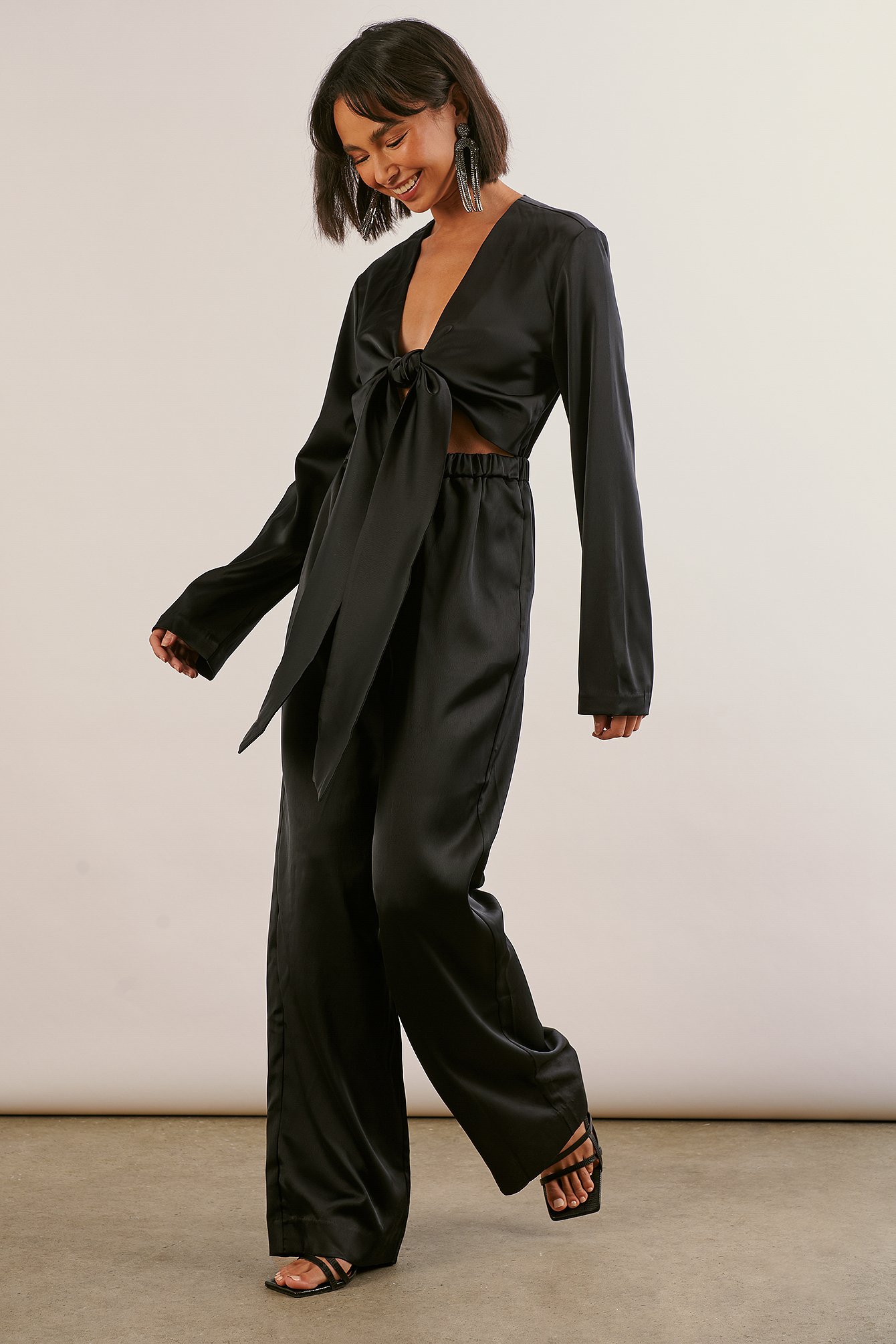 Recycled Tie front Satin Jumpsuit Outfit.