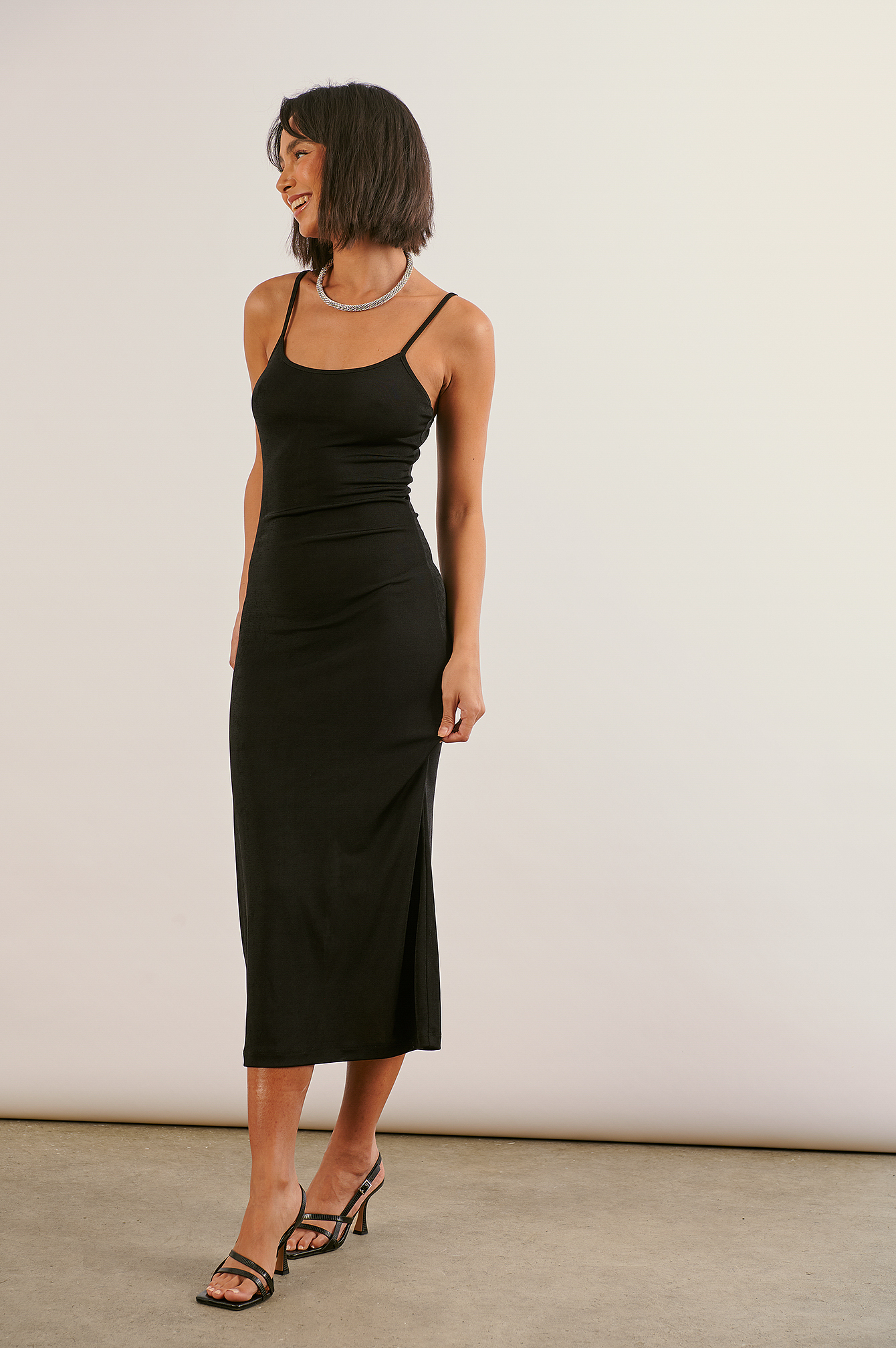 Recycled Thin Strap Jersey Midi Dress Black