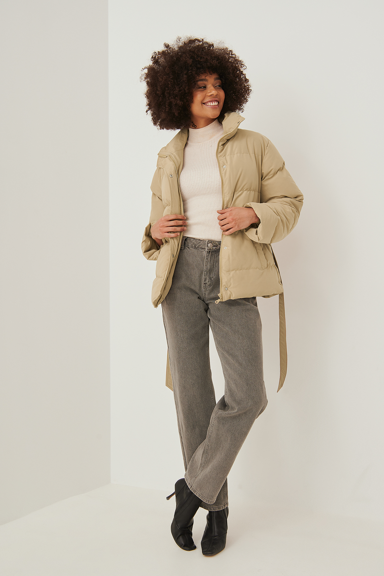 Beige Recycled Belted Padded Jacket
