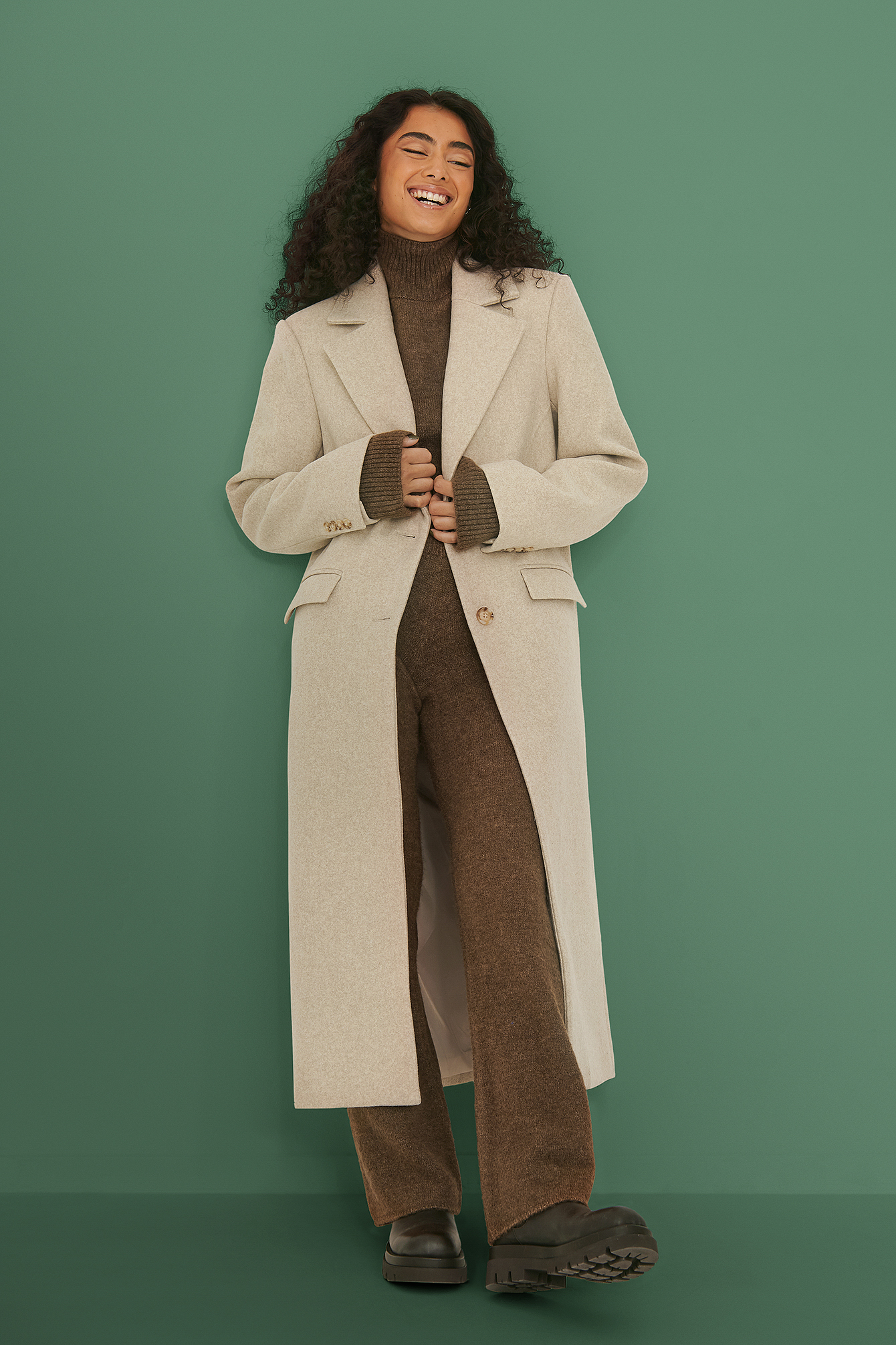 Beige Double Breasted Wool Mix Coat
