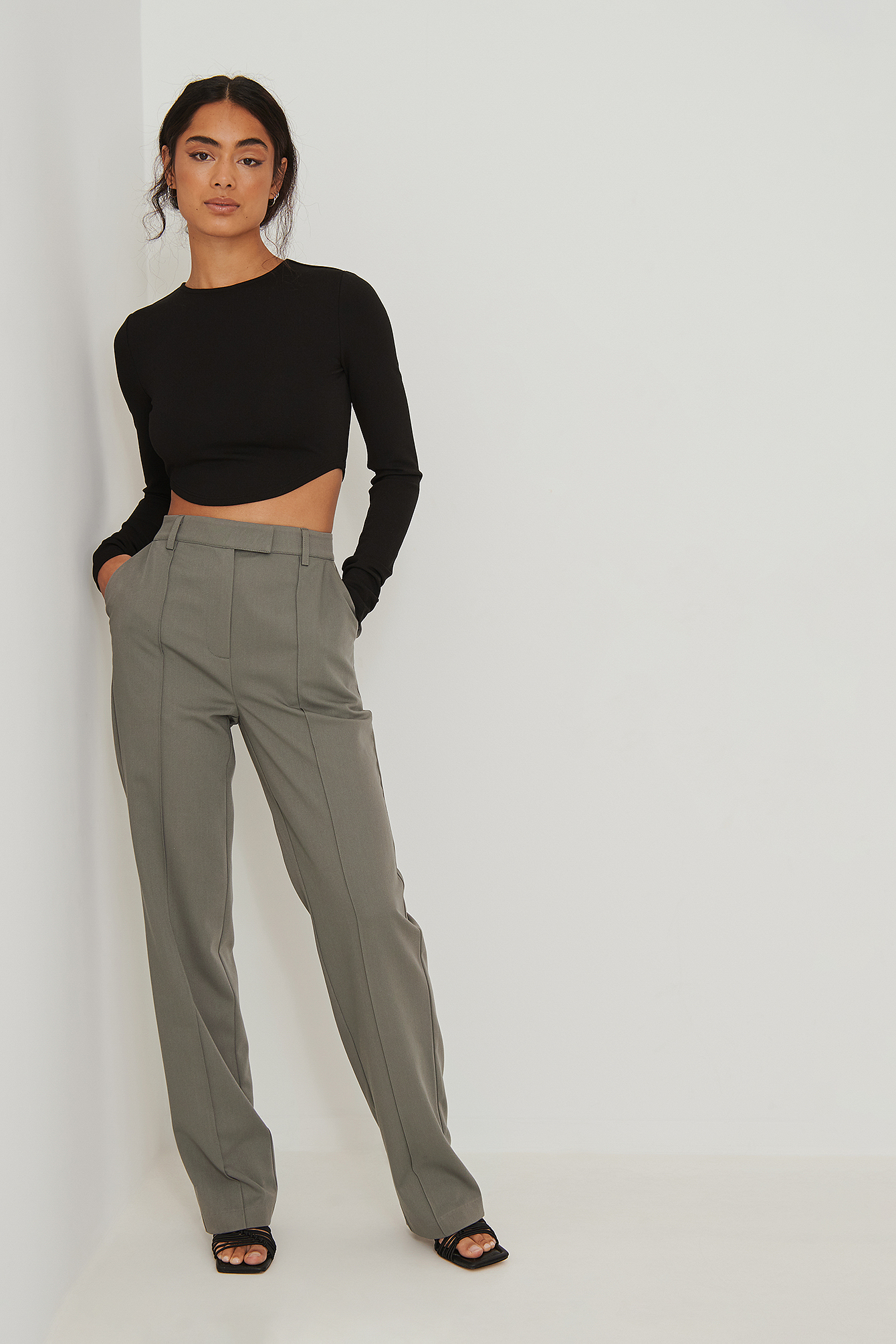 High Waist Pin Seam Suit Pants Grey 
