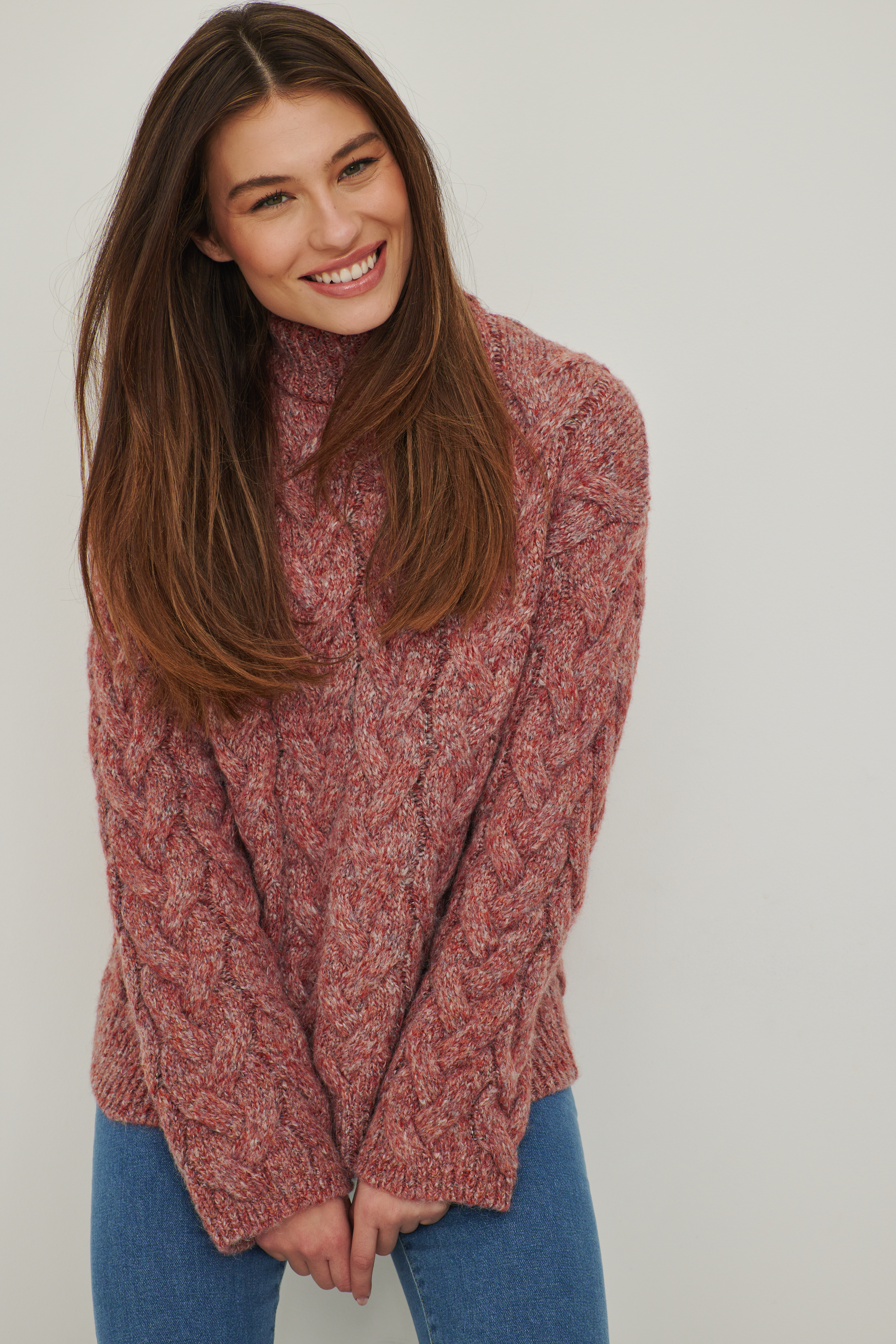 Dusty Rose Cable Knitted Melange Sweater