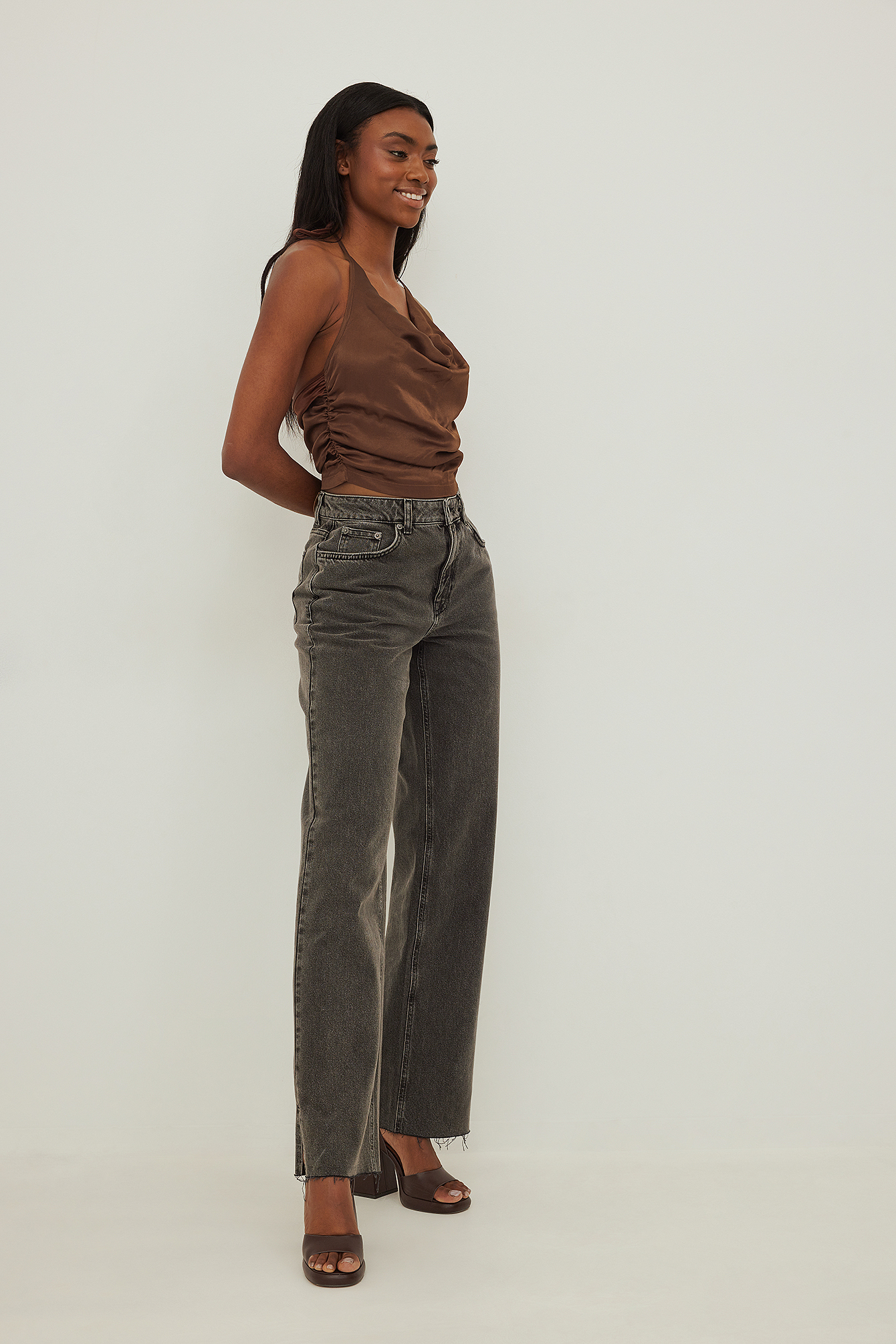 Satin V-neck Gathered Front Top Brown 