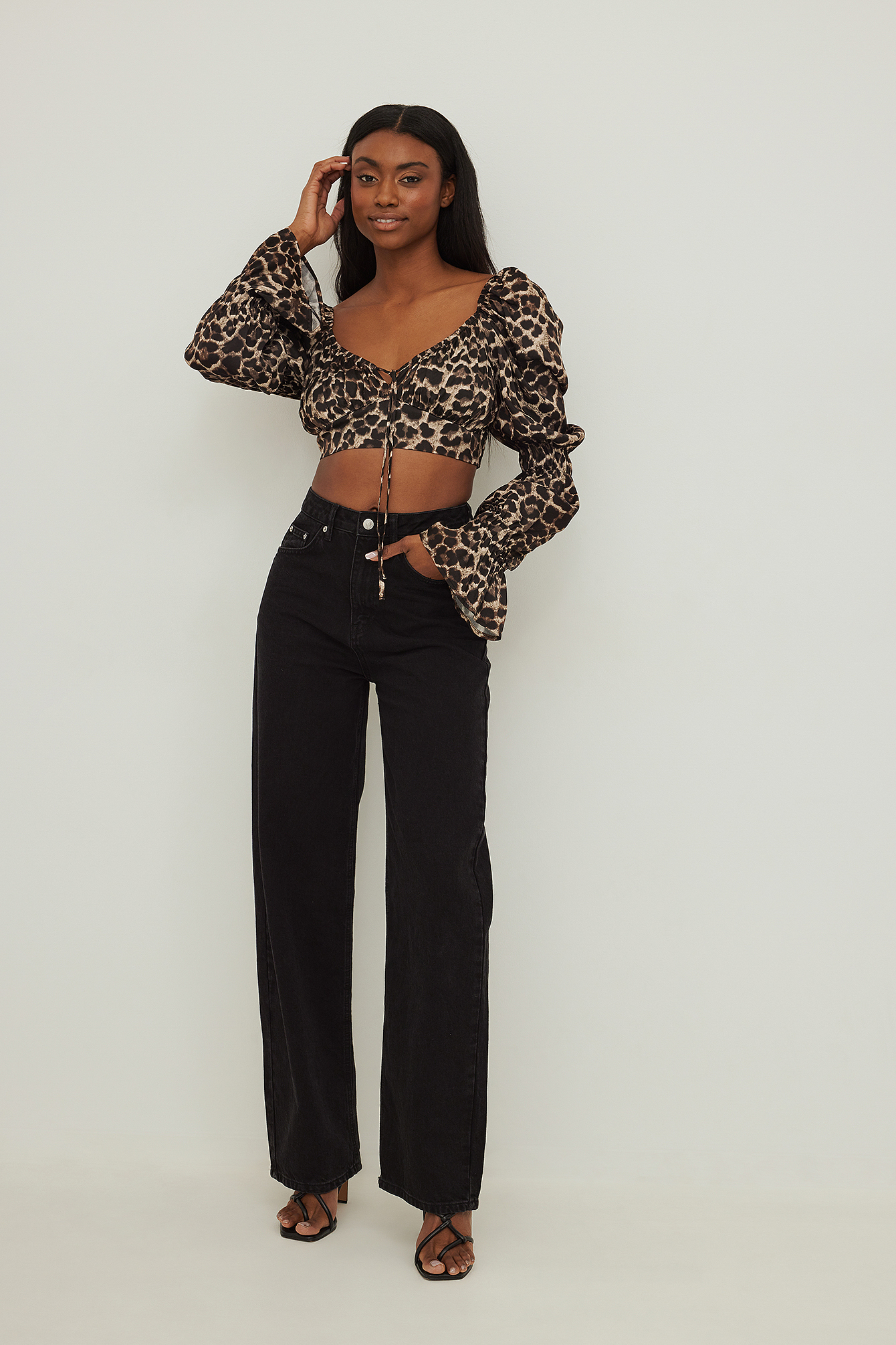 Front Puff Sleeve Satin Blouse Leopard 