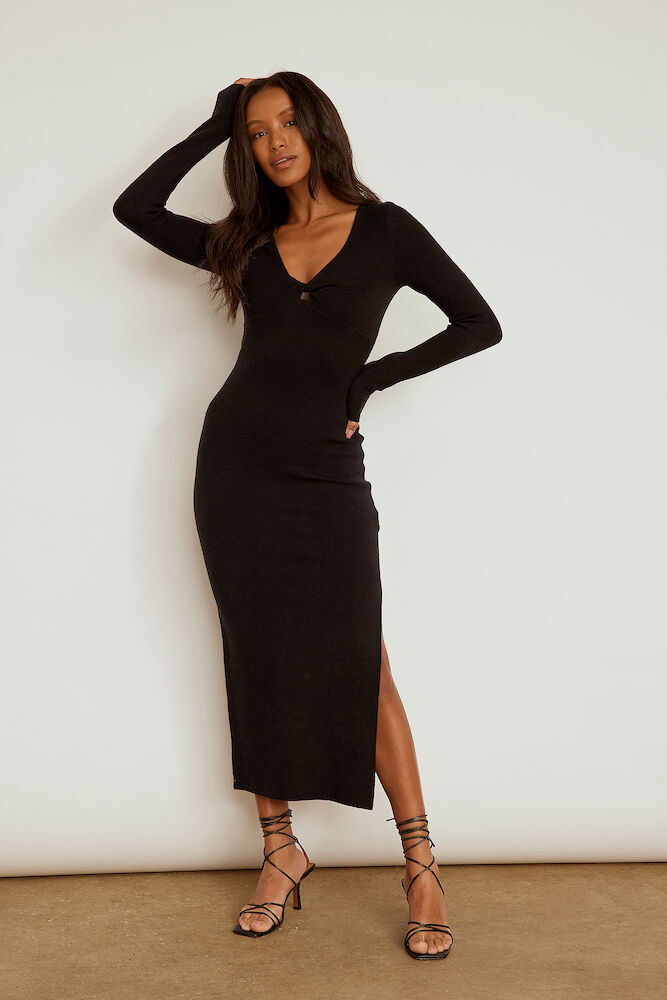 Knitted V-Neck Slit Dress Black | na-kd.com