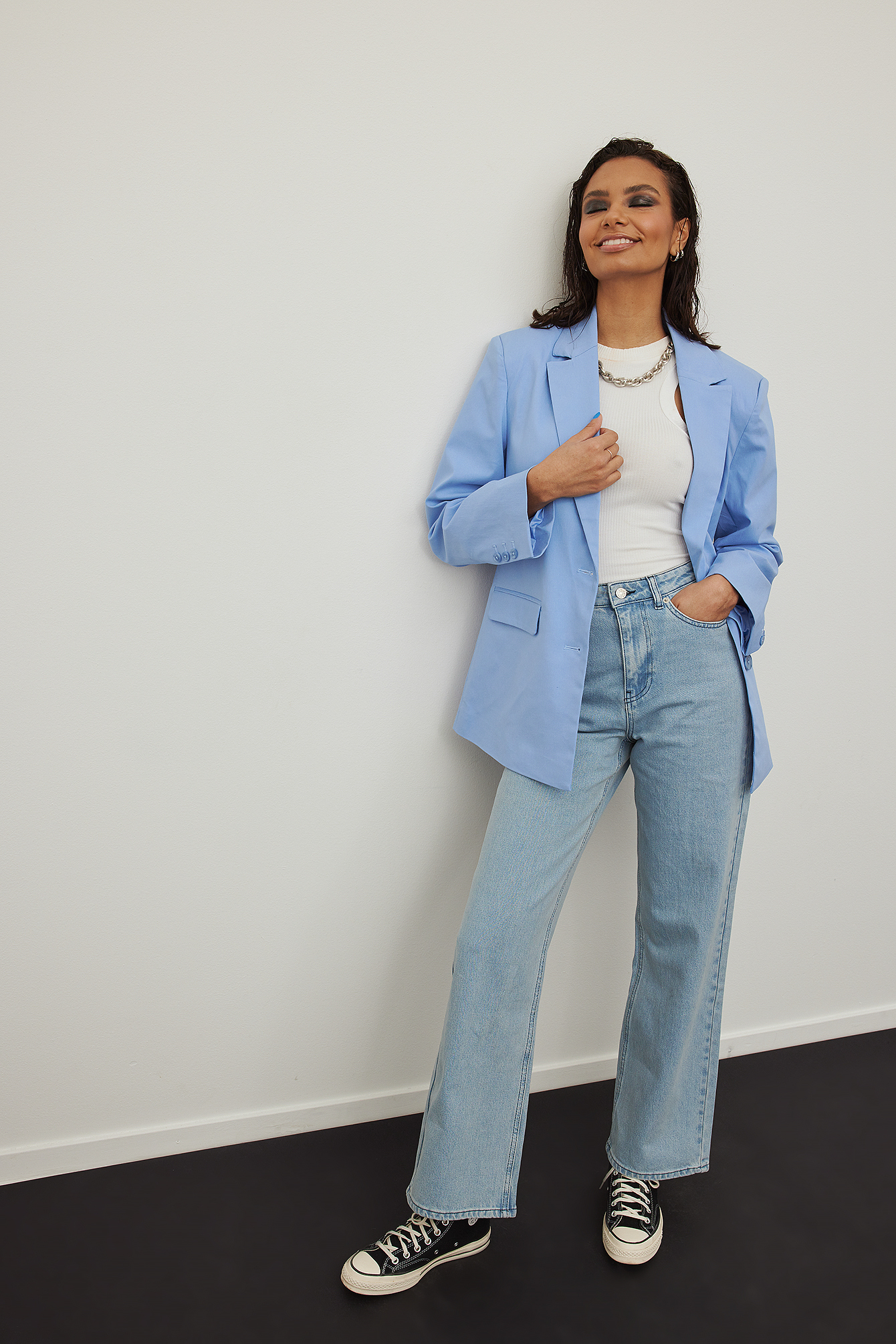 Shoulder Padded Straight Blazer Blue 