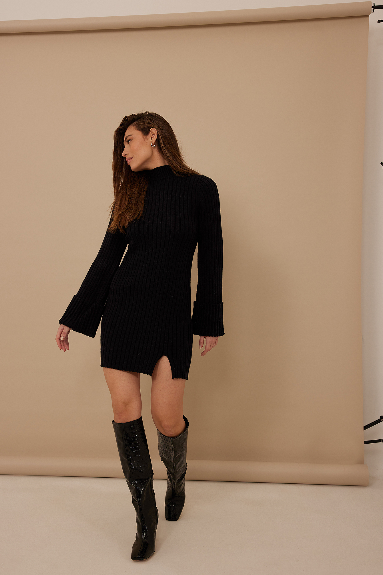 Knitted Ribbed Turtle Neck Dress Black 