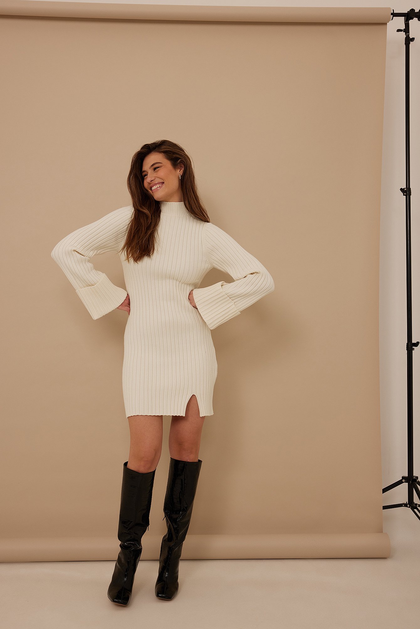 Knitted Ribbed Turtle Neck Dress Outfit.