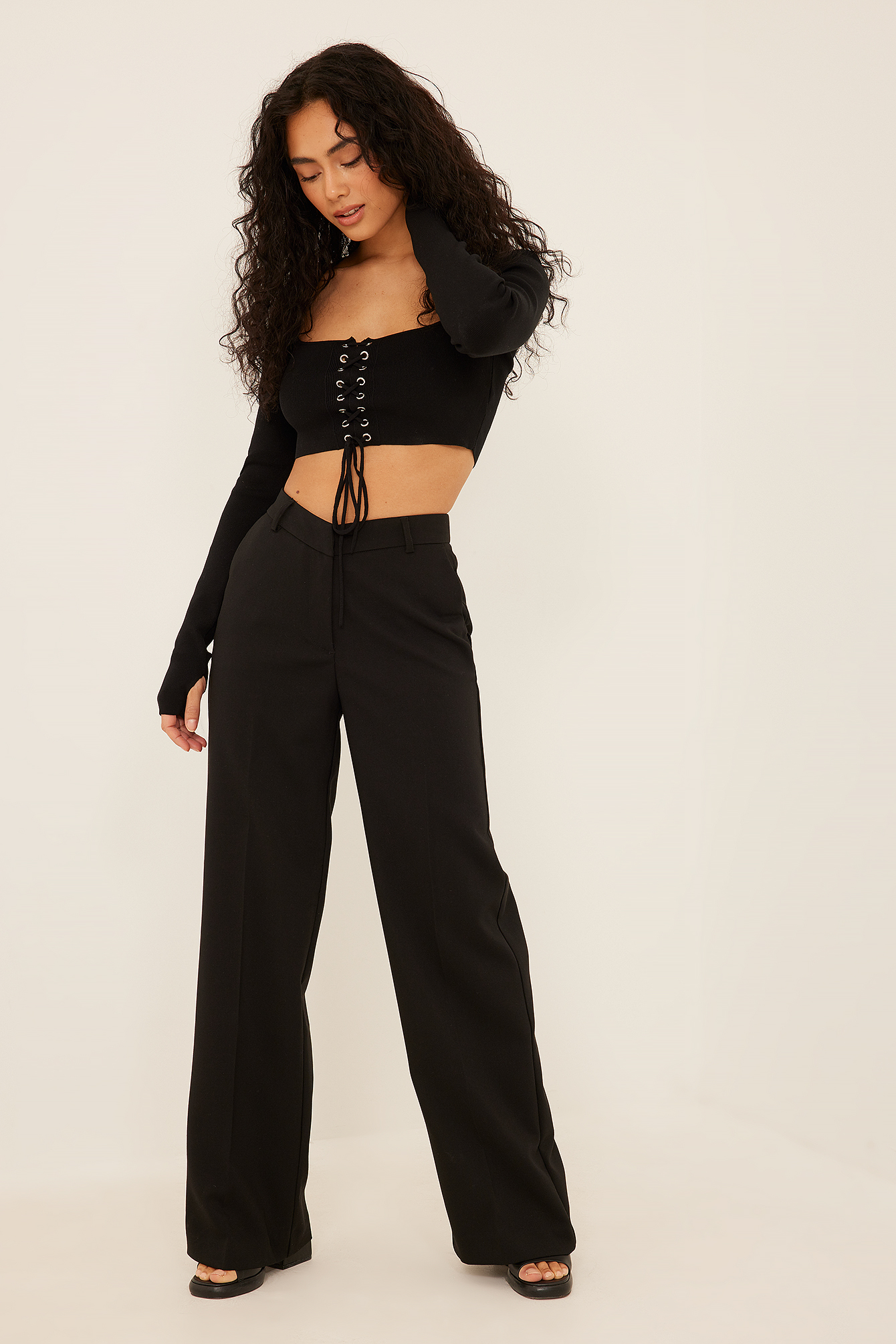 Seattle Lace-Up Front Knit Top Black