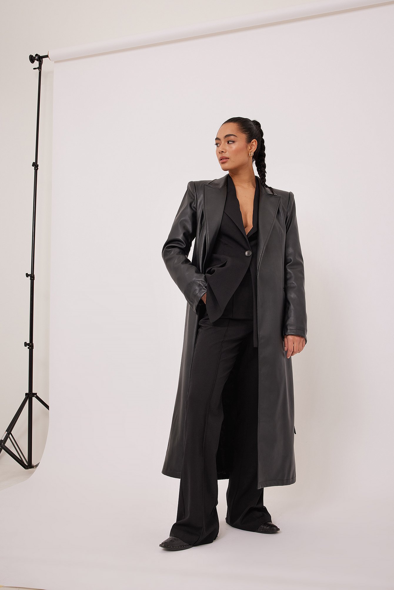 Taylor Lashea Long Belted PU Coat Outfit.