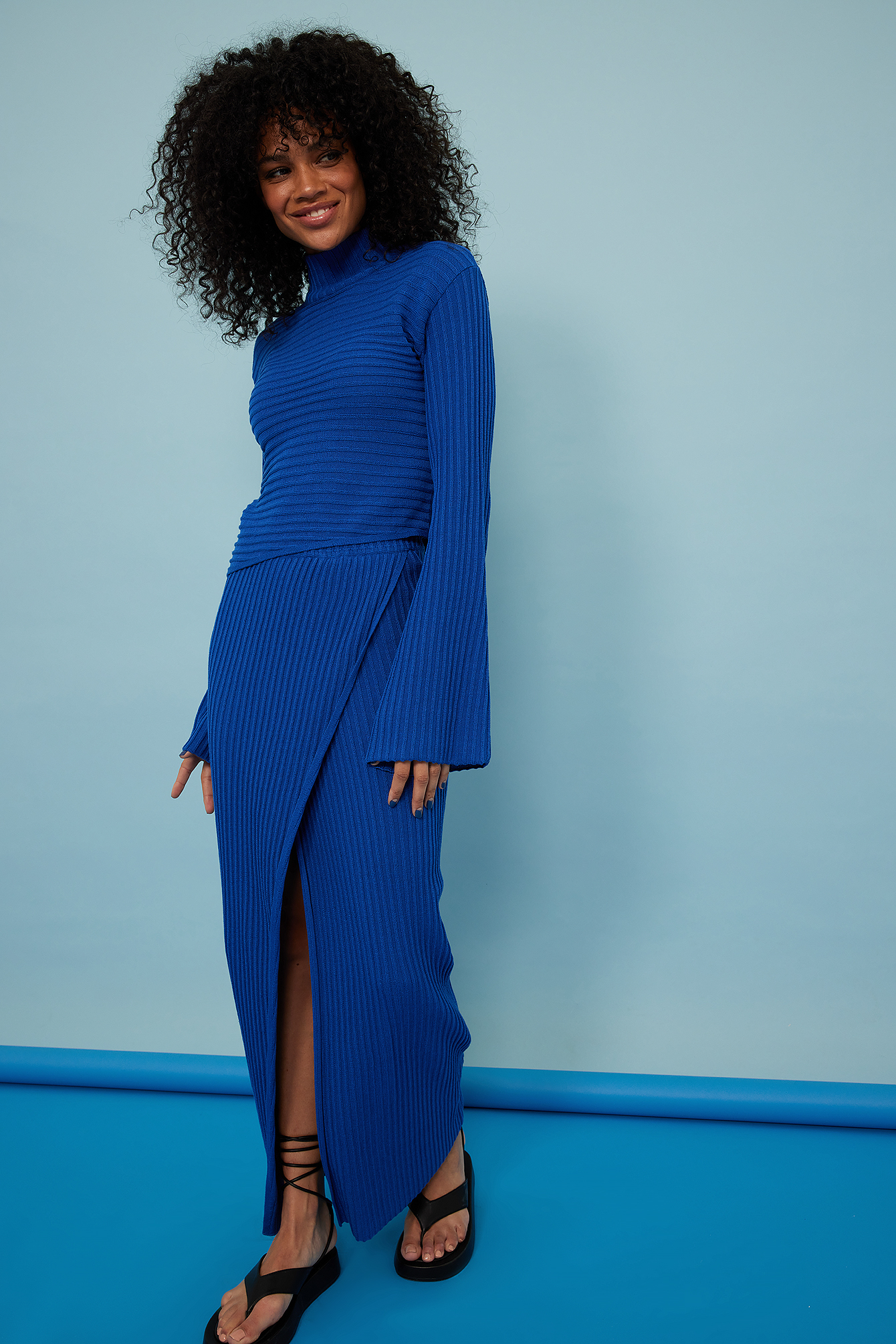 Blue Rib High Neck Cropped Sweater