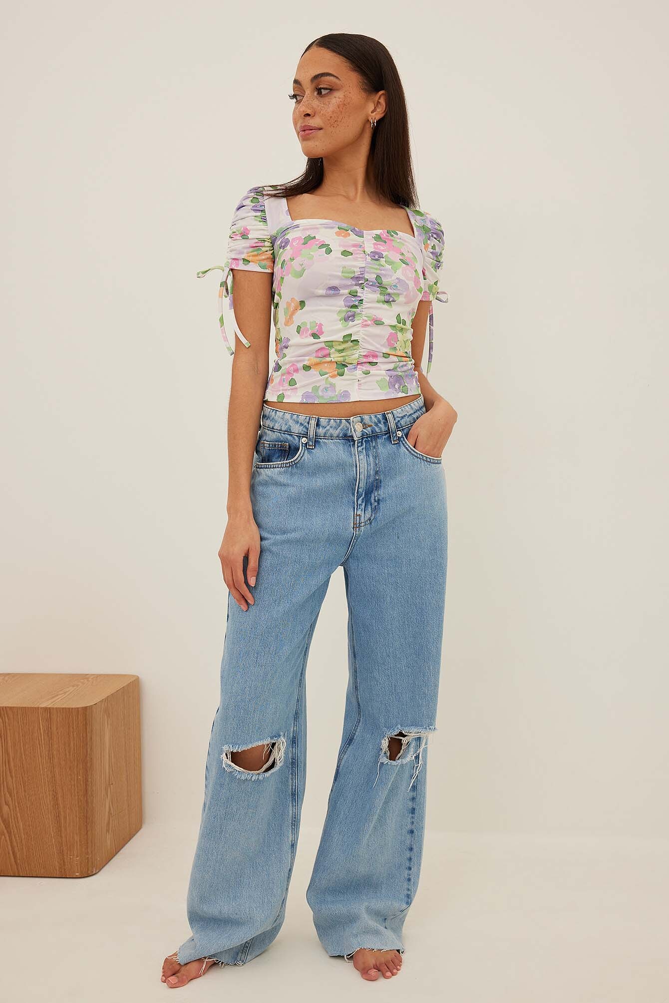 Drawstring Detail Short Sleeve Top Flower