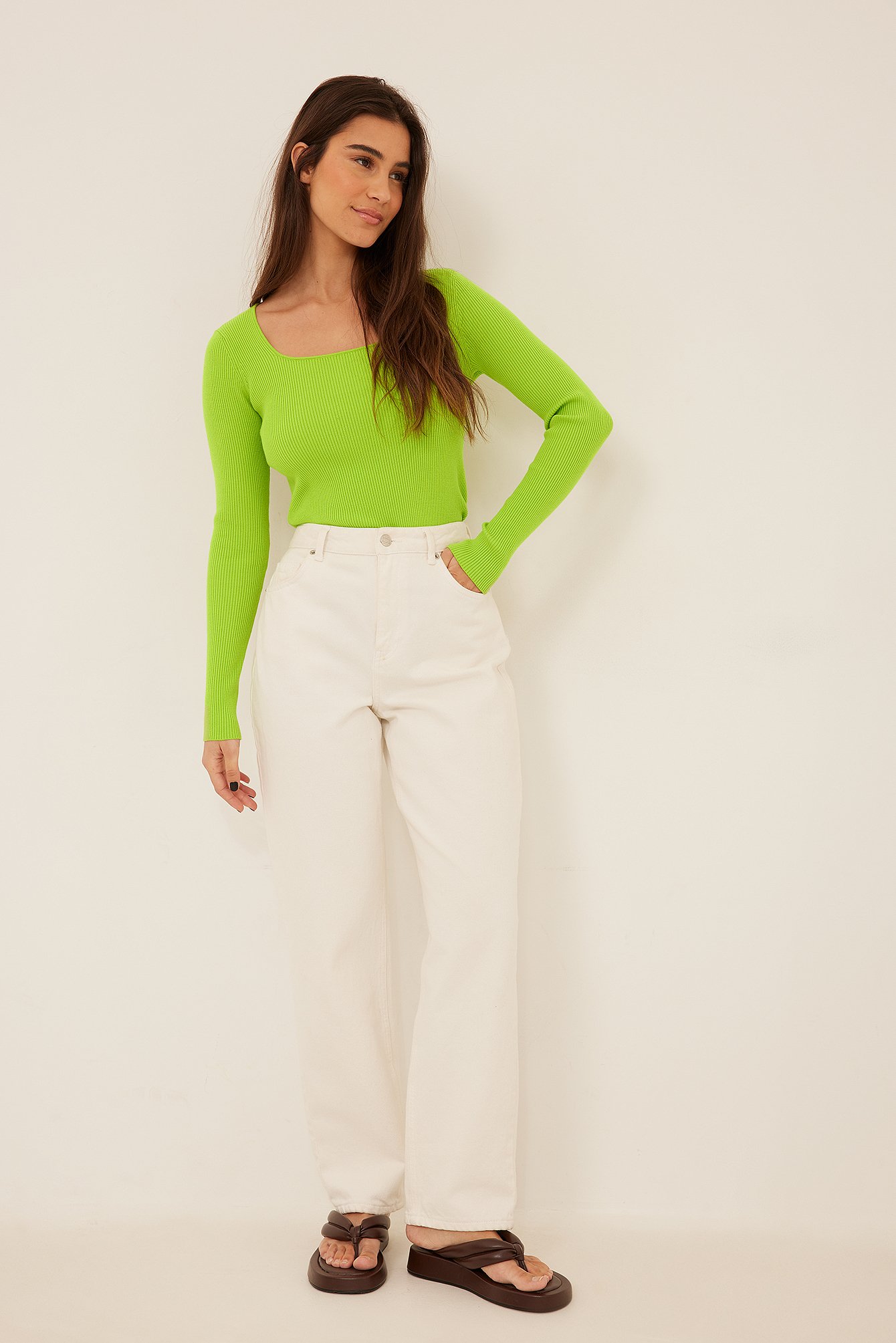 Lime Back Detail Ribbed Knitted Sweater
