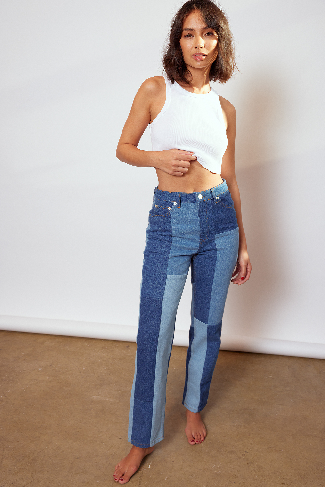 Patch Work High Waist Straight Jeans Outfit