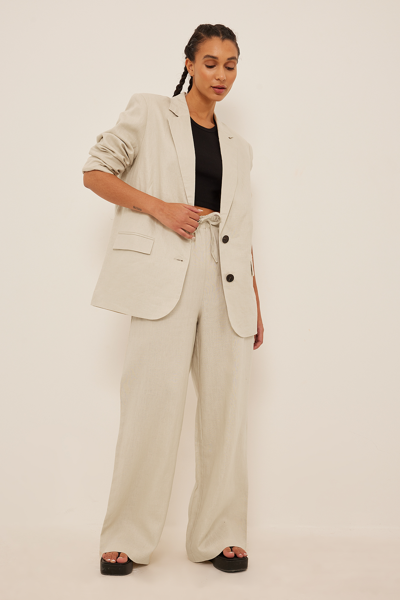 Elastic Waist Linen Trousers Beige | na 