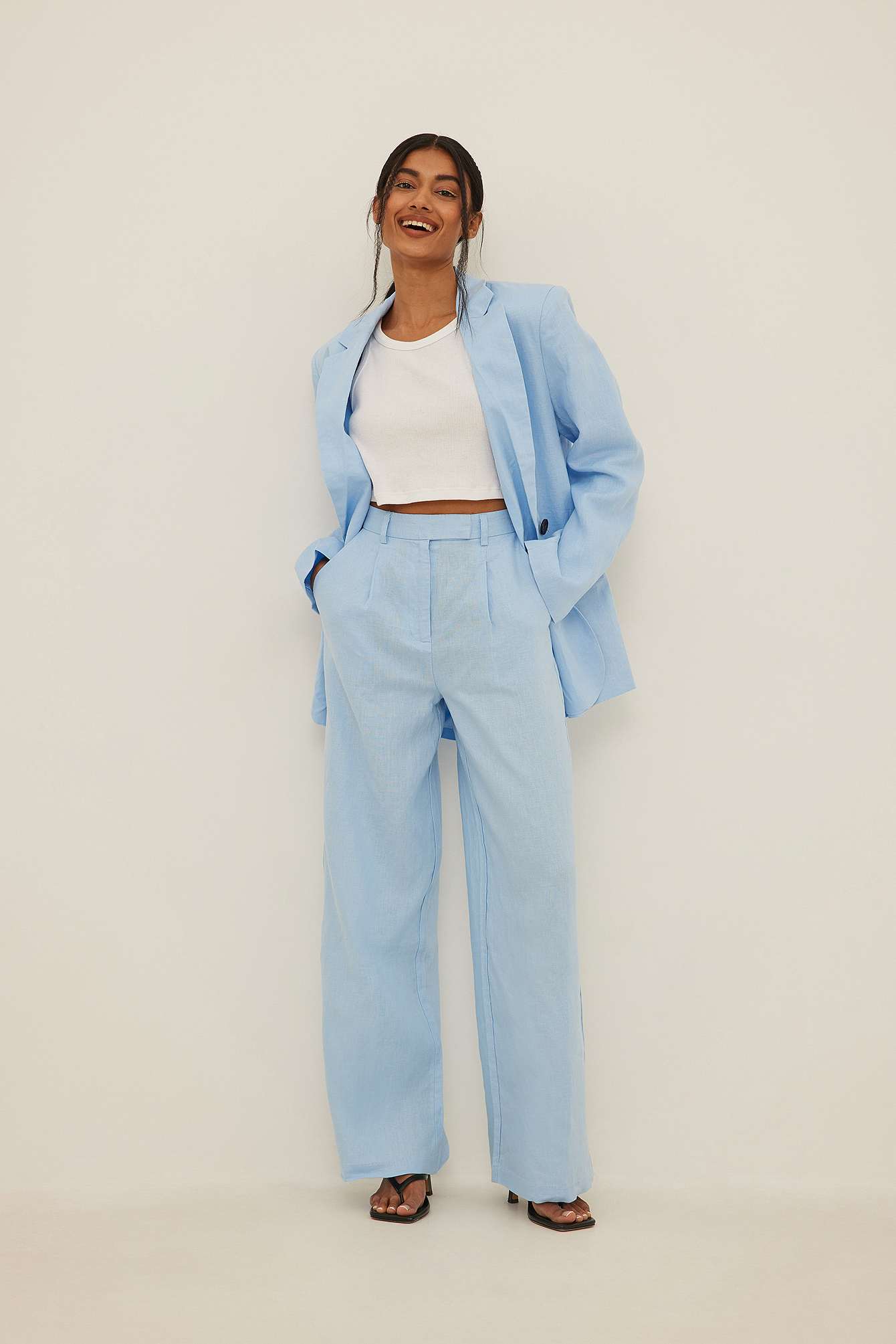 Linen Wide Leg Pants Blue | na-kd.com