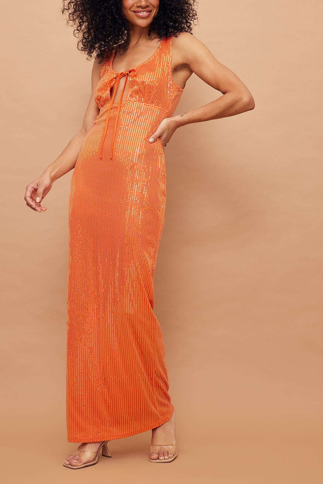 Tie Front Sequin Maxi Dress Orange | na 