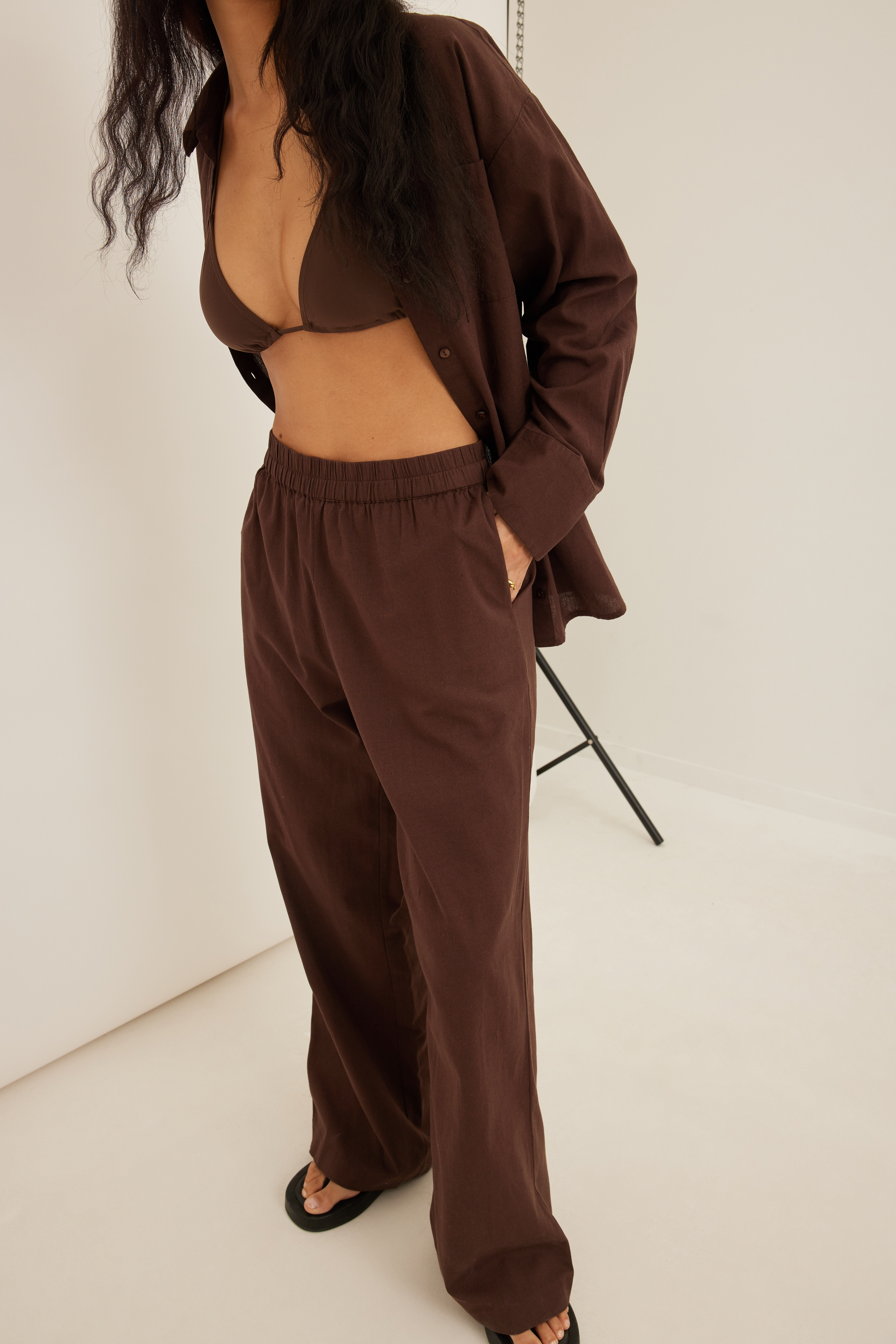 Linen Mix Straight Leg Trousers Brown 