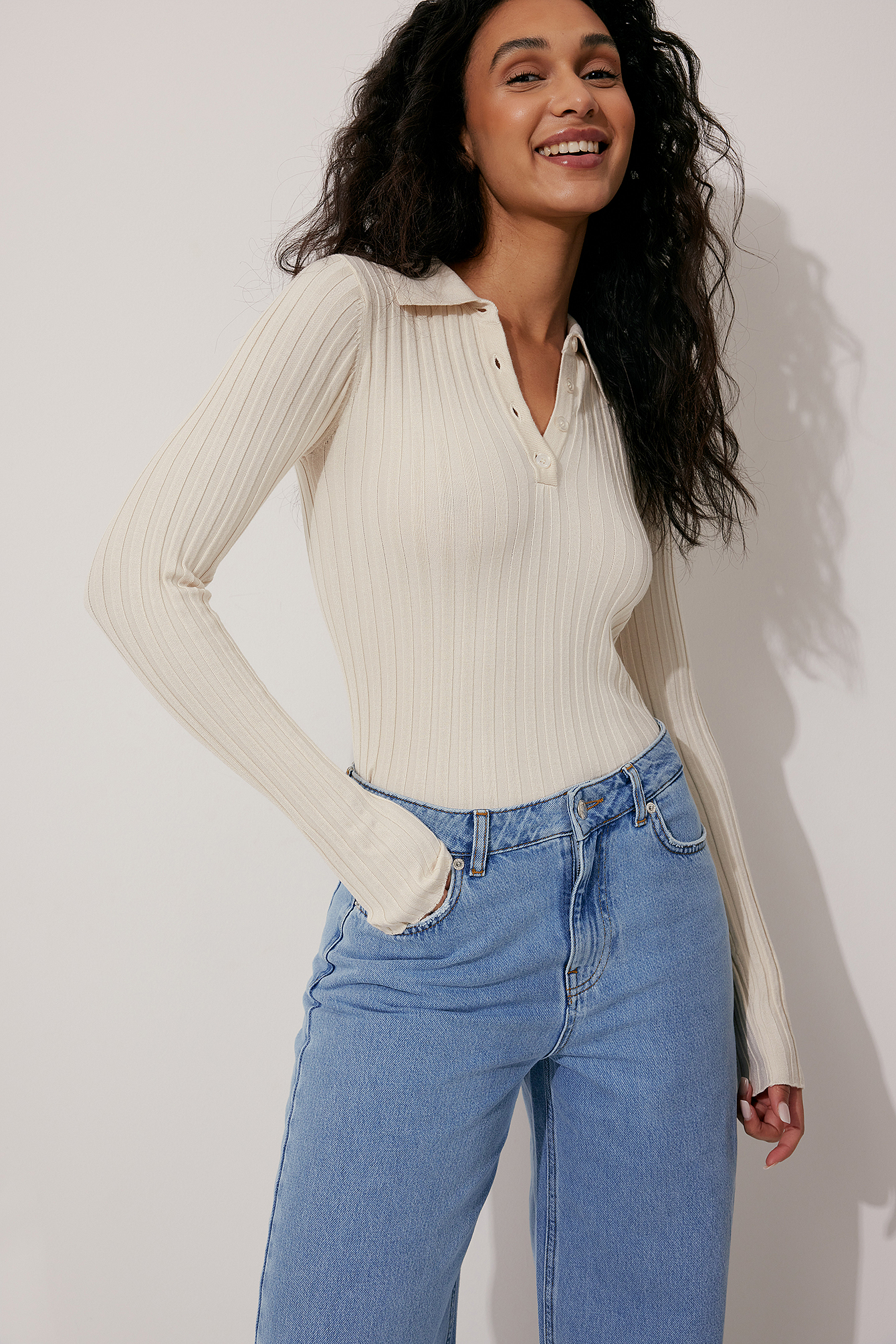 Button Knitted Long Sleeve Top Offwhite | na-kd.com