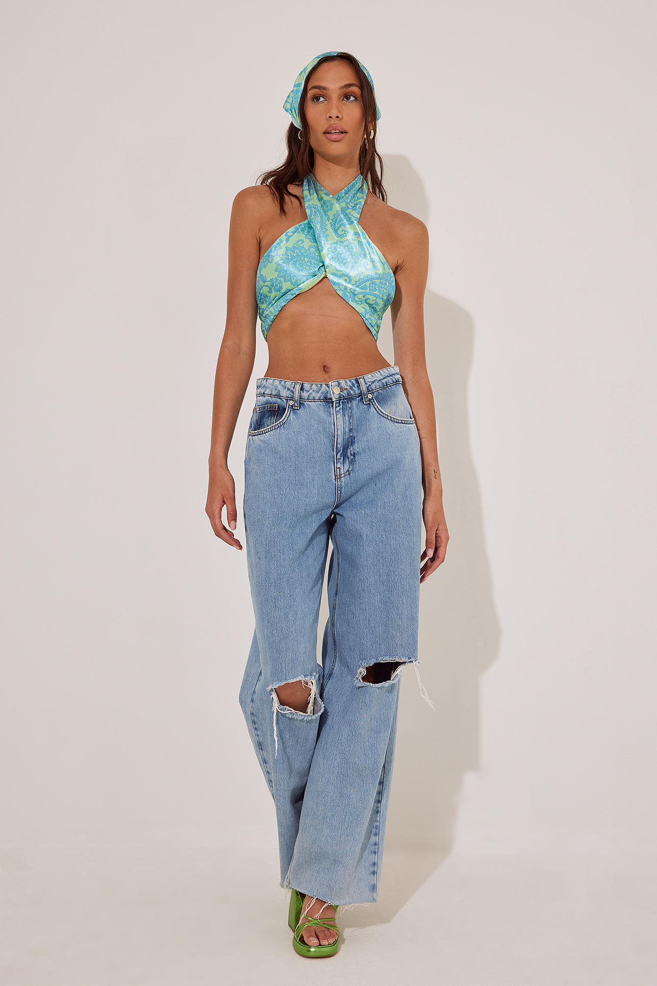 Printed Satin Top Turquoise | na-kd.com