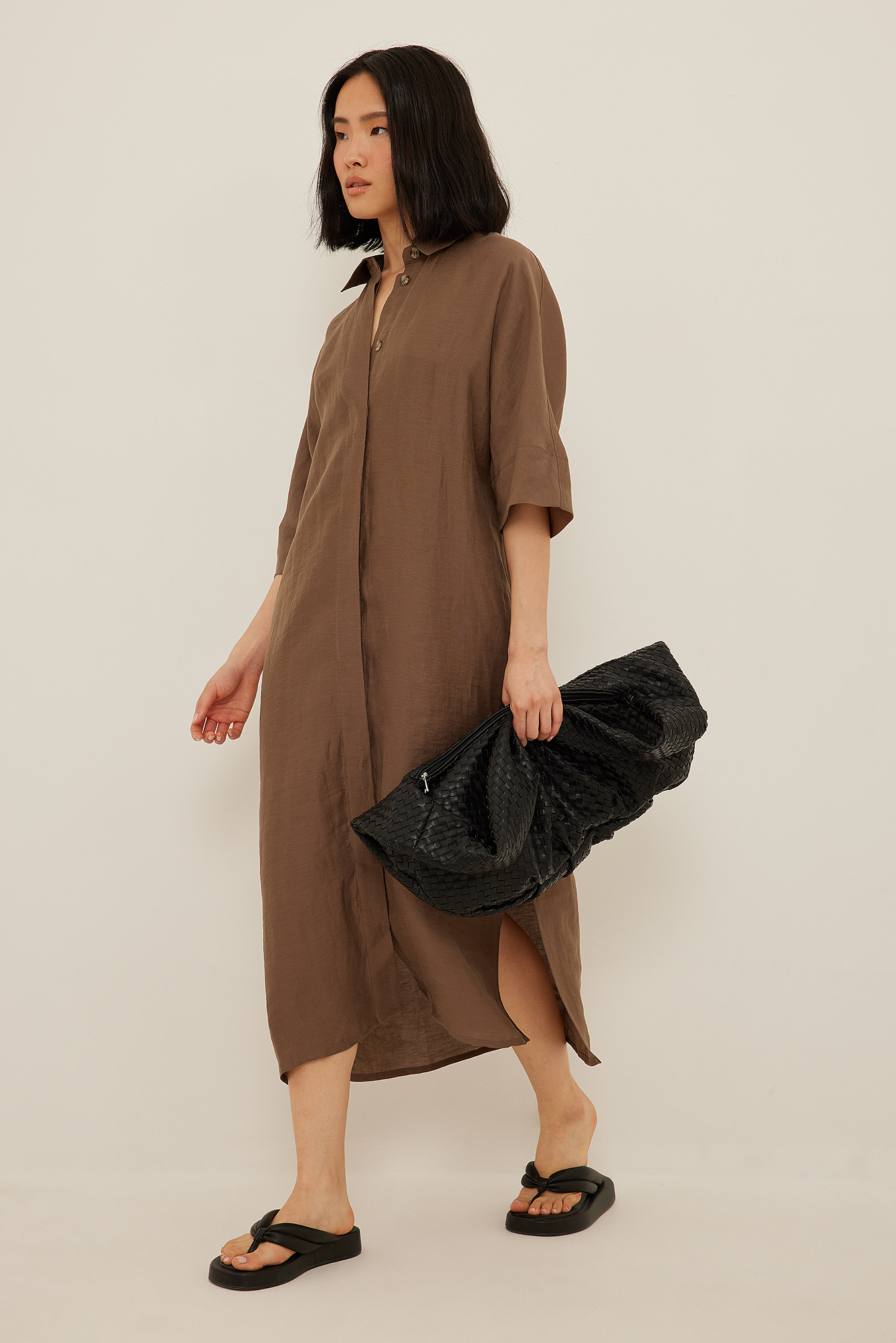 Linen Shirt Dress Brown