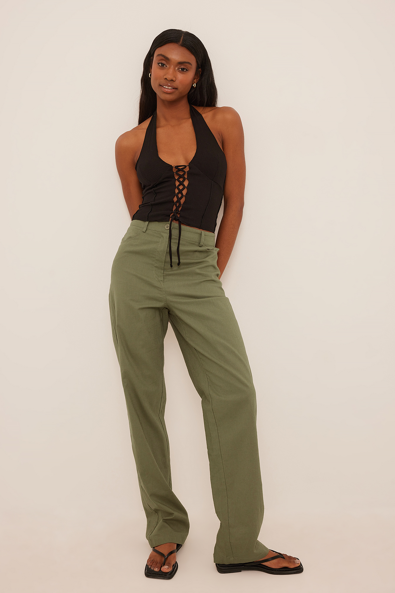 Straight Long Linen Blend Pants Green | na-kd.com