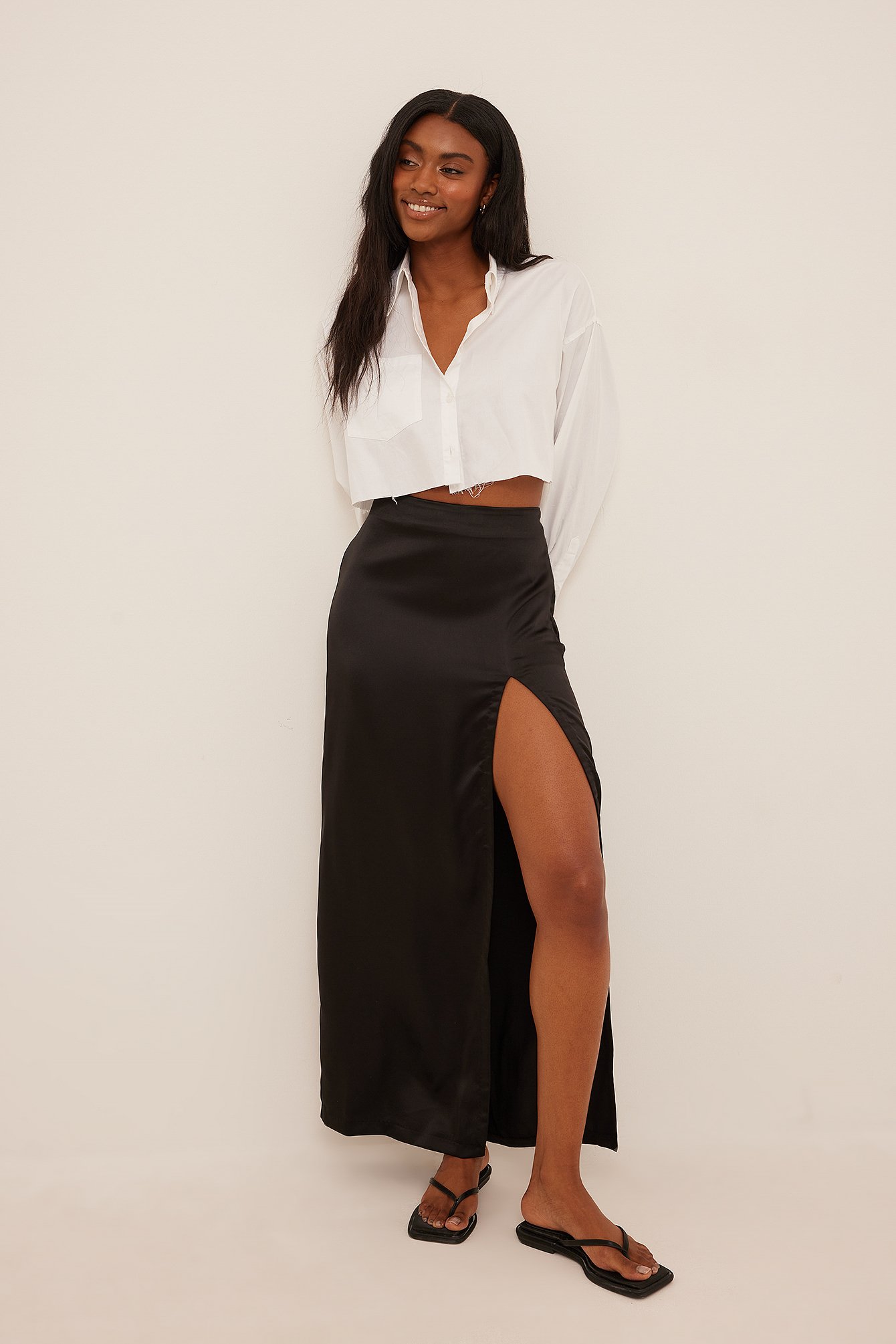 Side Slit Maxi Satin Skirt Outfit