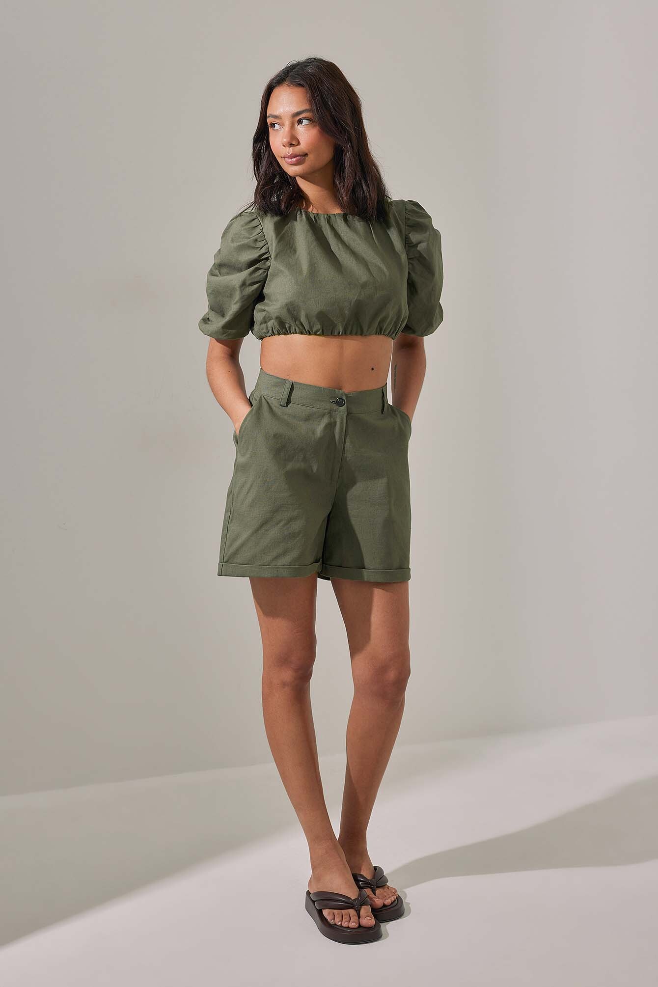 Puff Sleeve Linen Blouse Green | na-kd.com