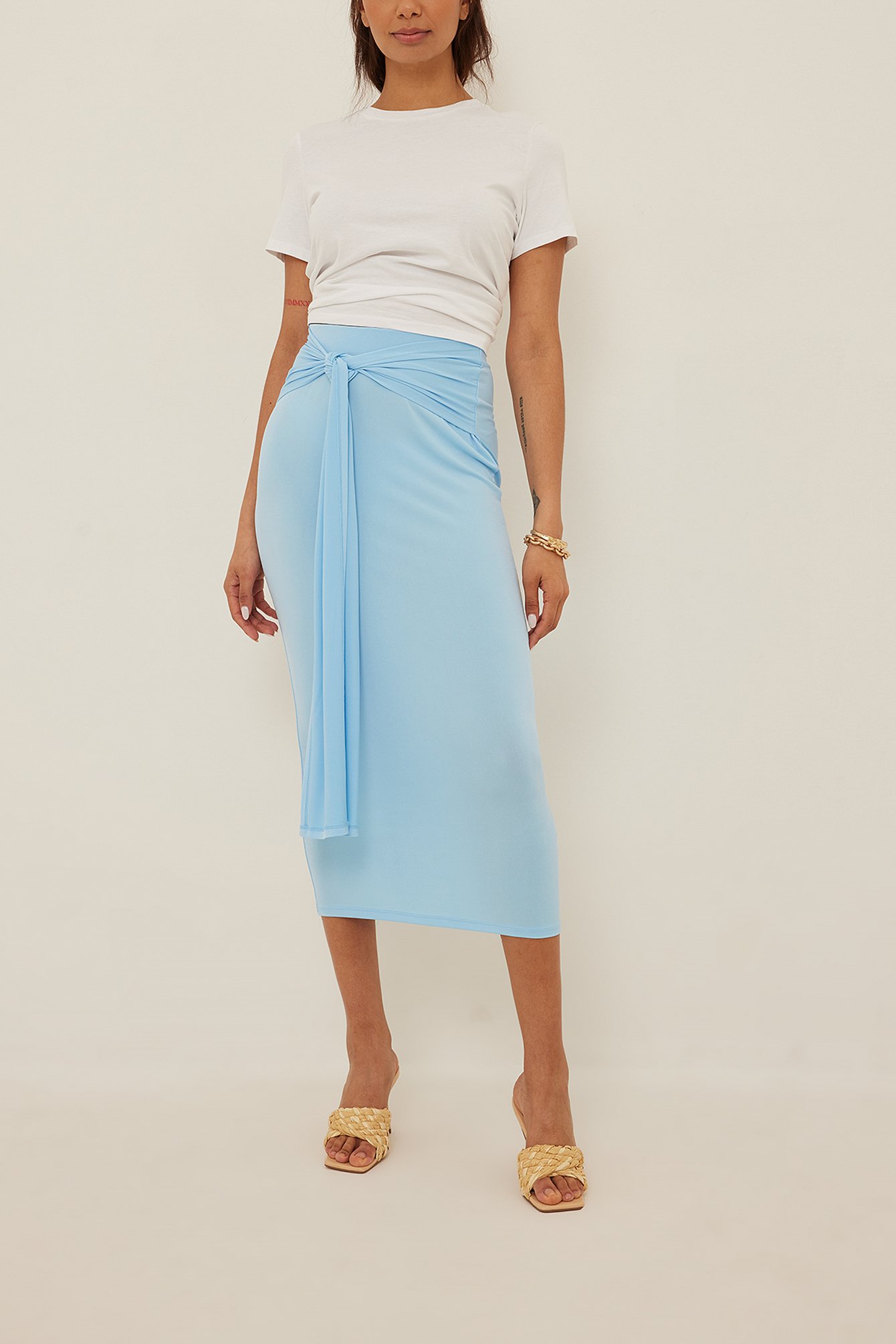 Light Blue Belt Detail Midi Skirt