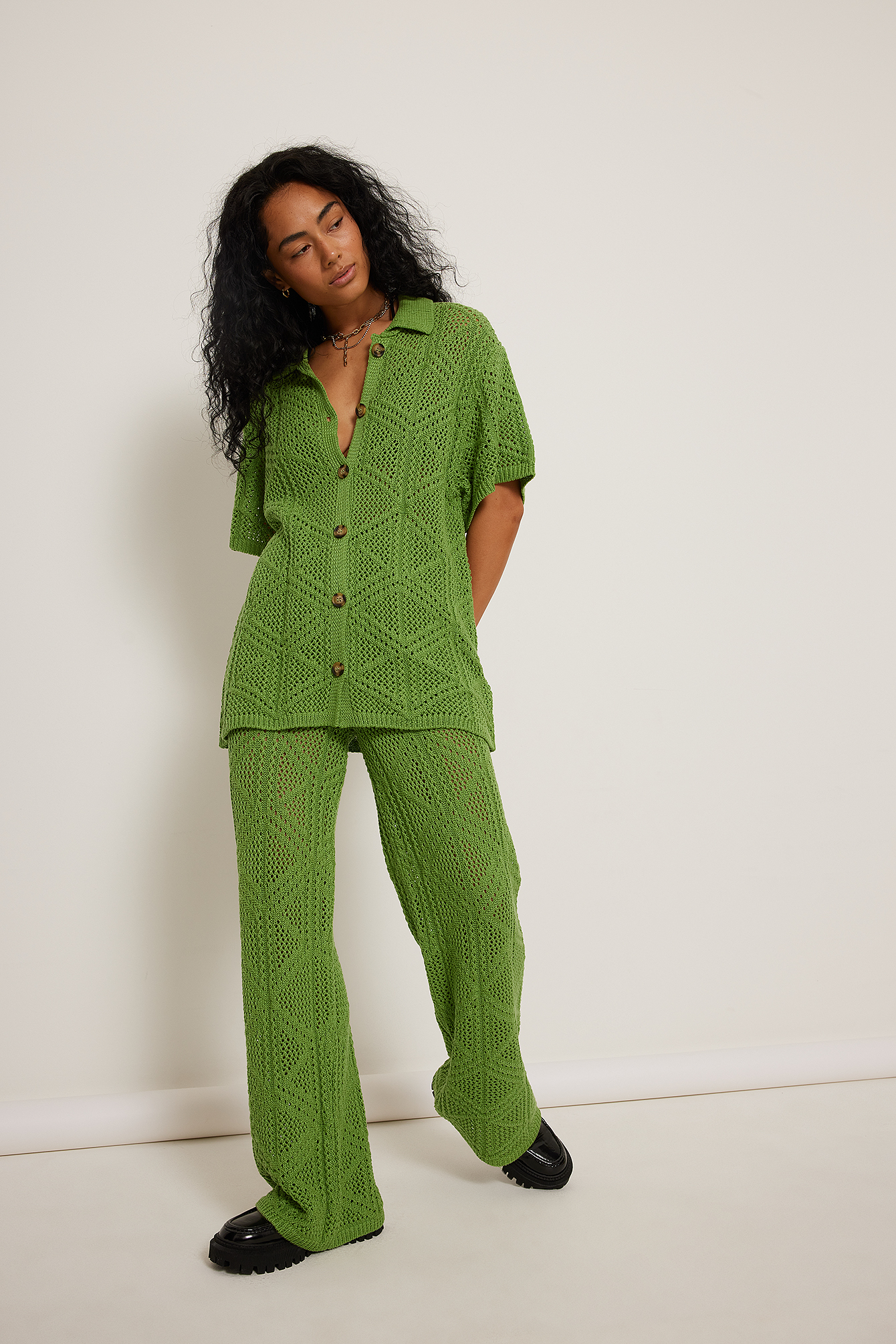Green Crochet Knit Short Sleeve Shirt