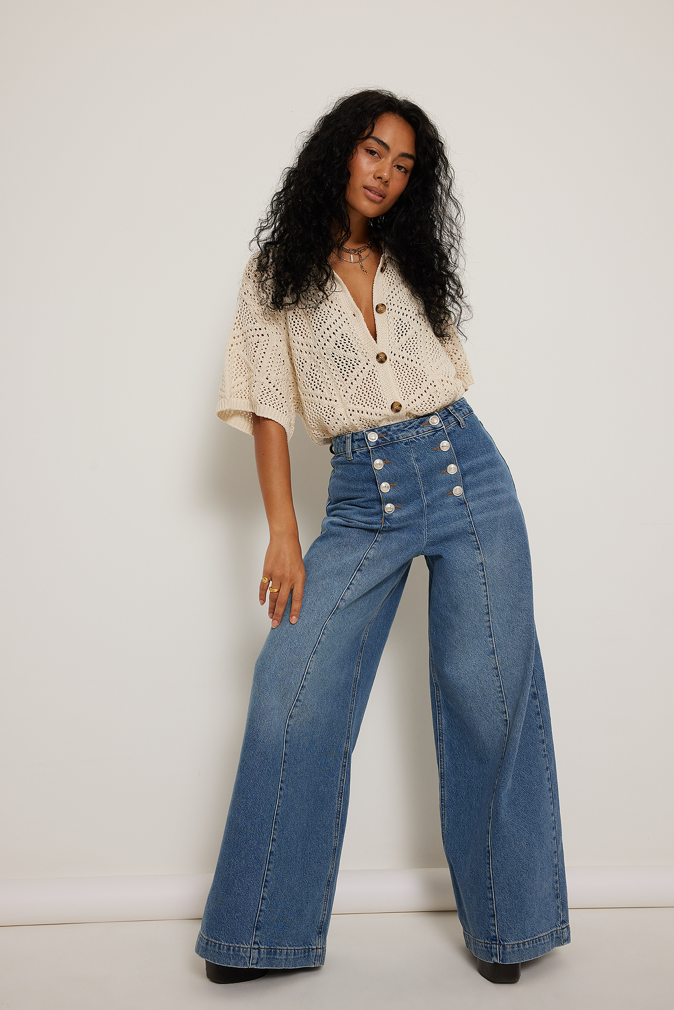 Button Detail Wide Leg Denim Blue | NA-KD