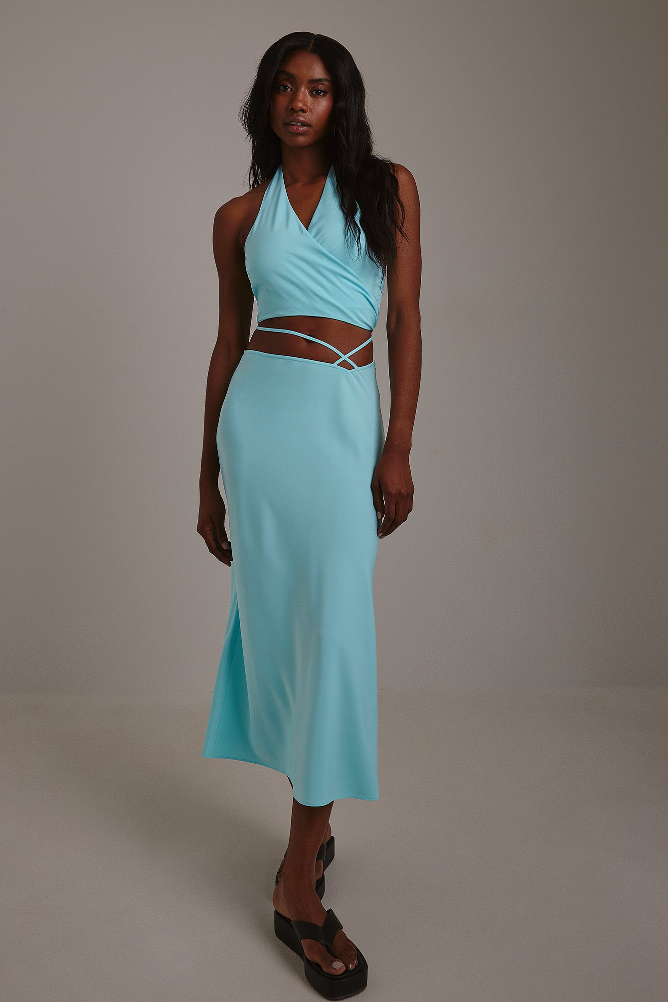 Light Blue Strap Detail V-shape Skirt