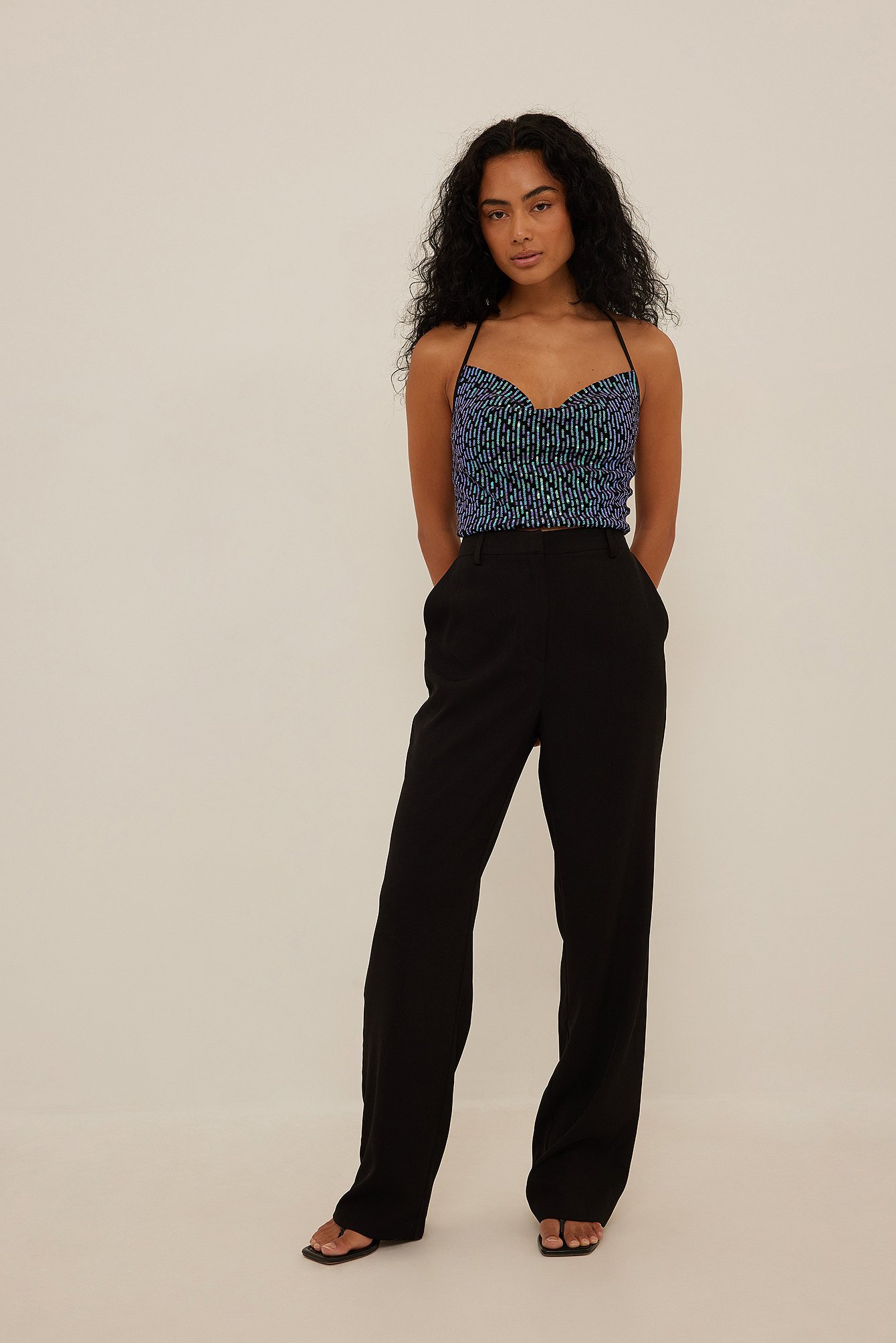 Halterneck Waterfall Front Sequin Top Outfit