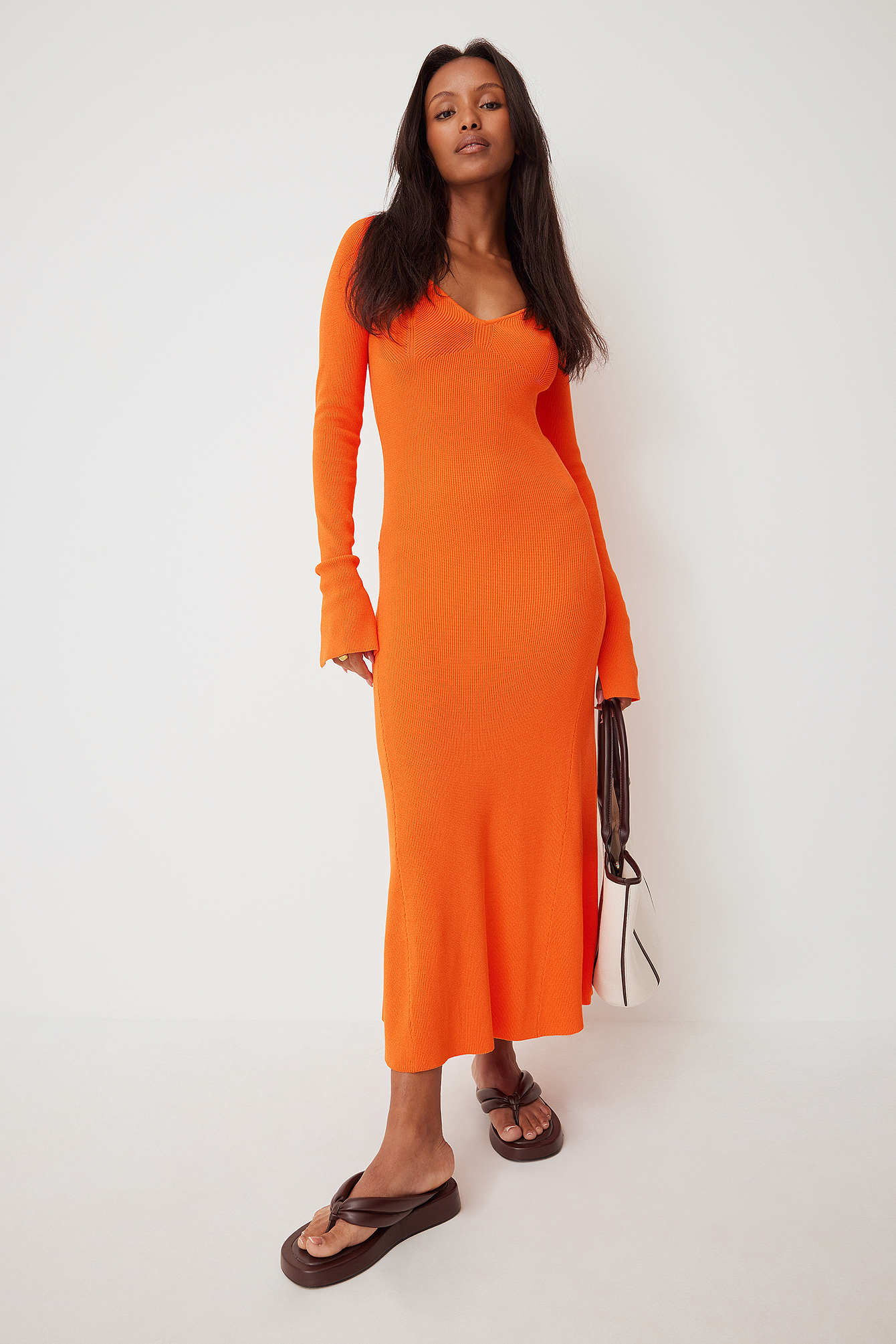 Ribbed Cup Detail Dress Orange