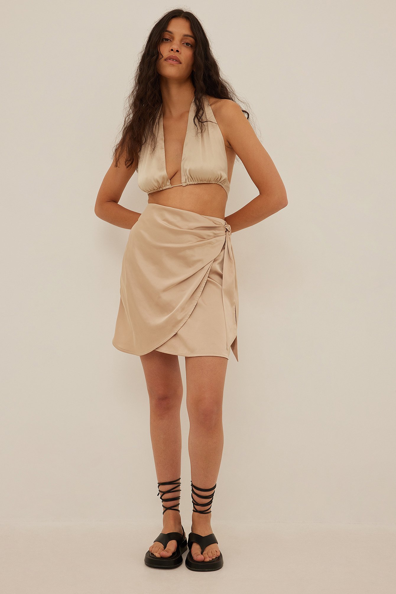 Wrap Satin Mini Skirt Outfit