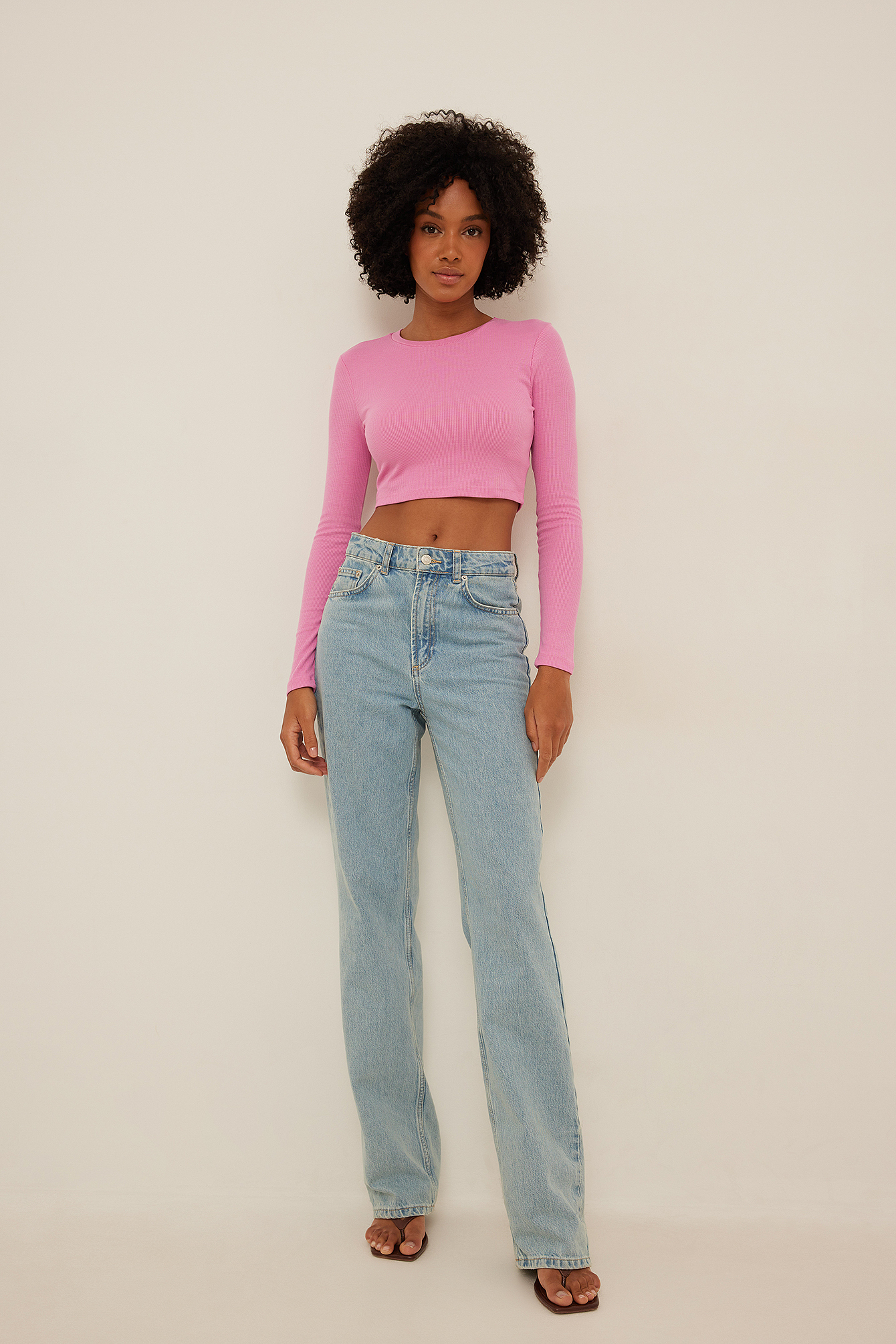 Round Neck Ribbed Long Sleeve Crop Top Pink