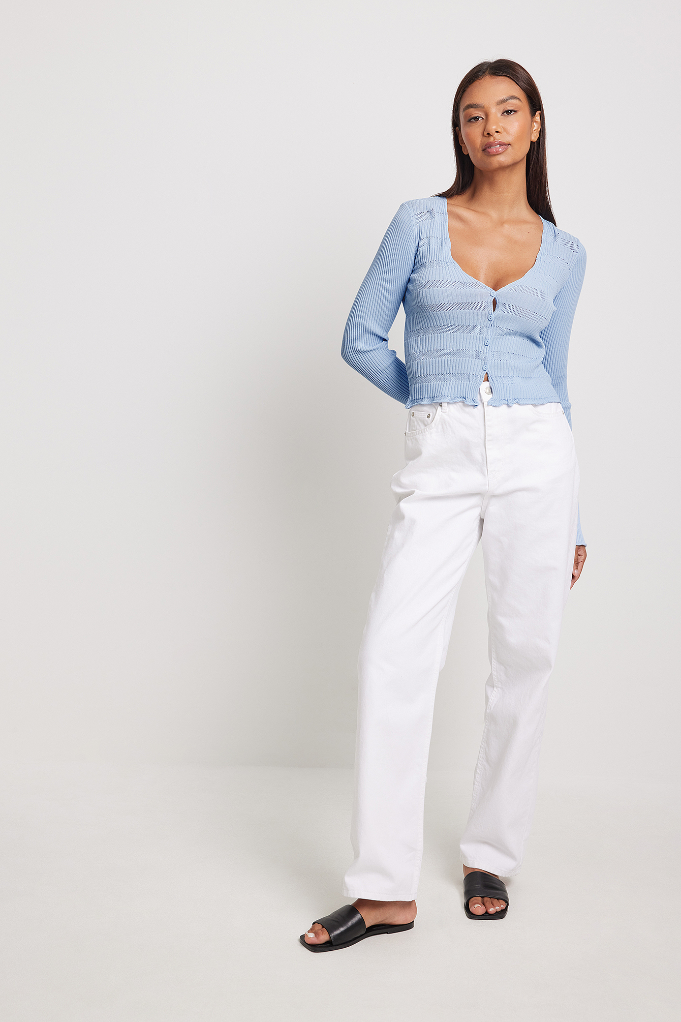 Geometric Pattern Button-Up Knitted Cardigan - Blue