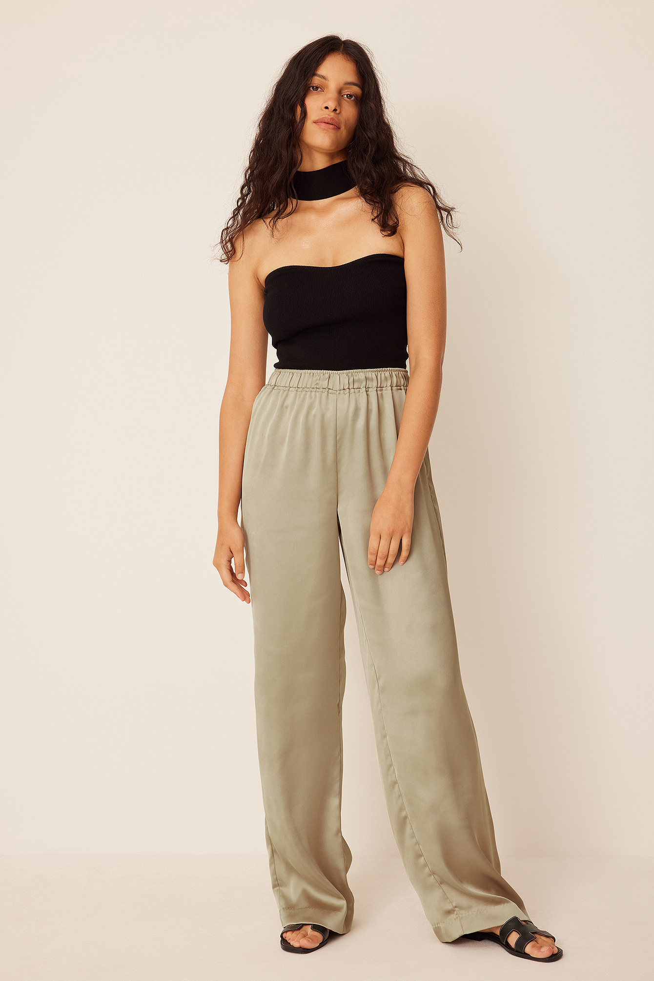 Elastic Waist Straight Satin Trousers Beige