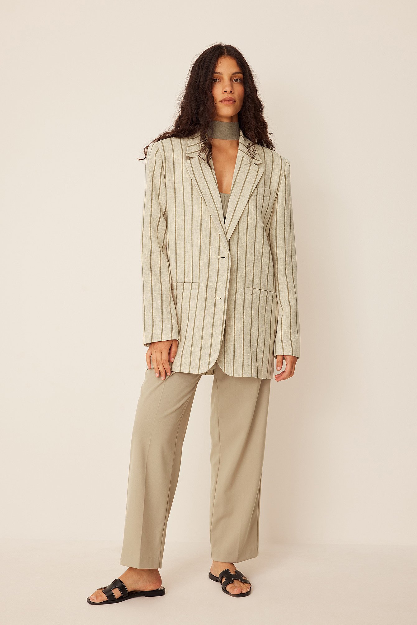 Grey/Beige Stripe Oversized Blazer