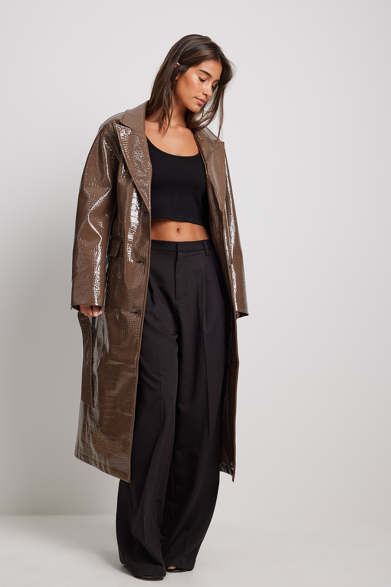 Belted Croco Pu Coat Outfit