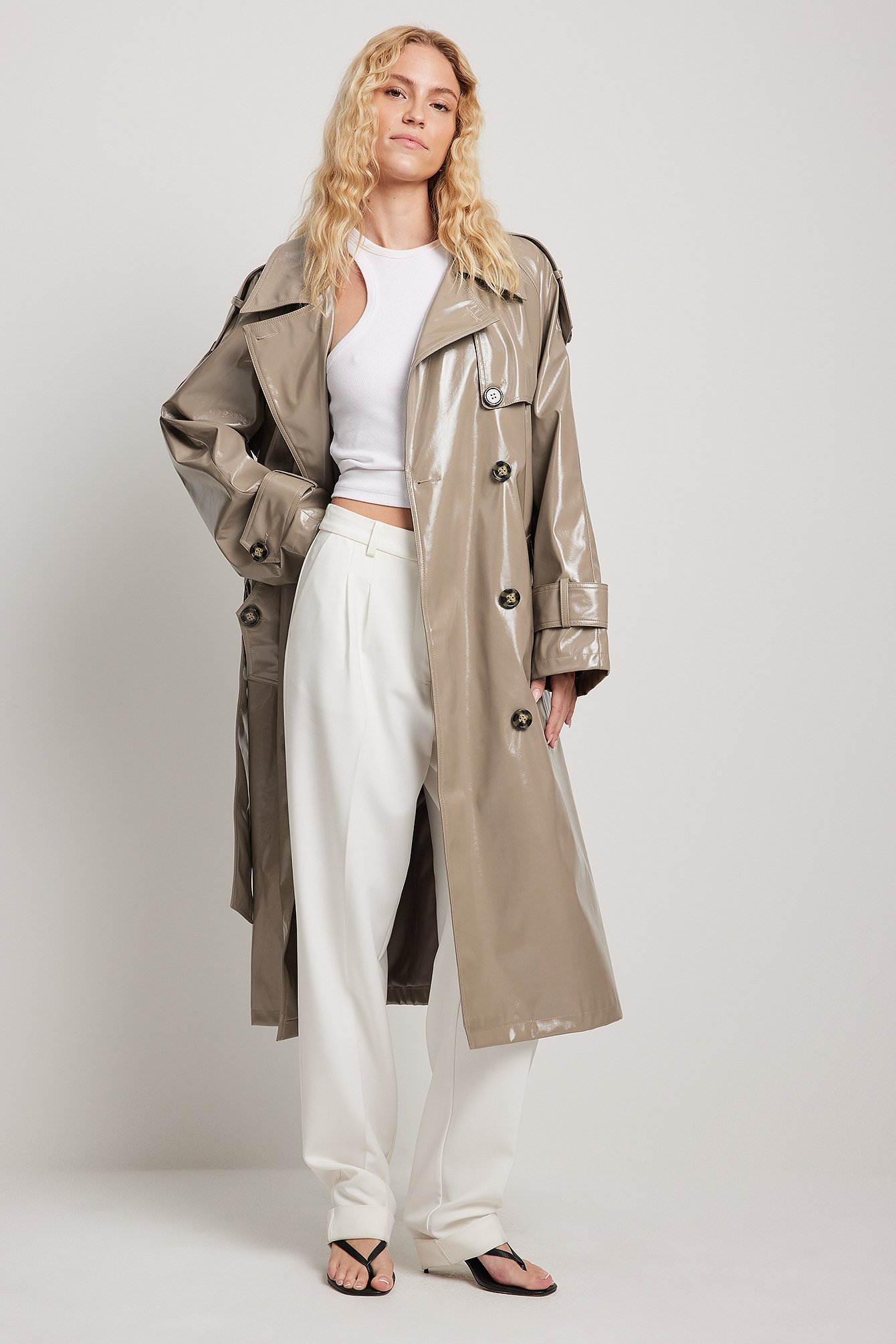 Shiny PU Belted Trench Coat Outfit