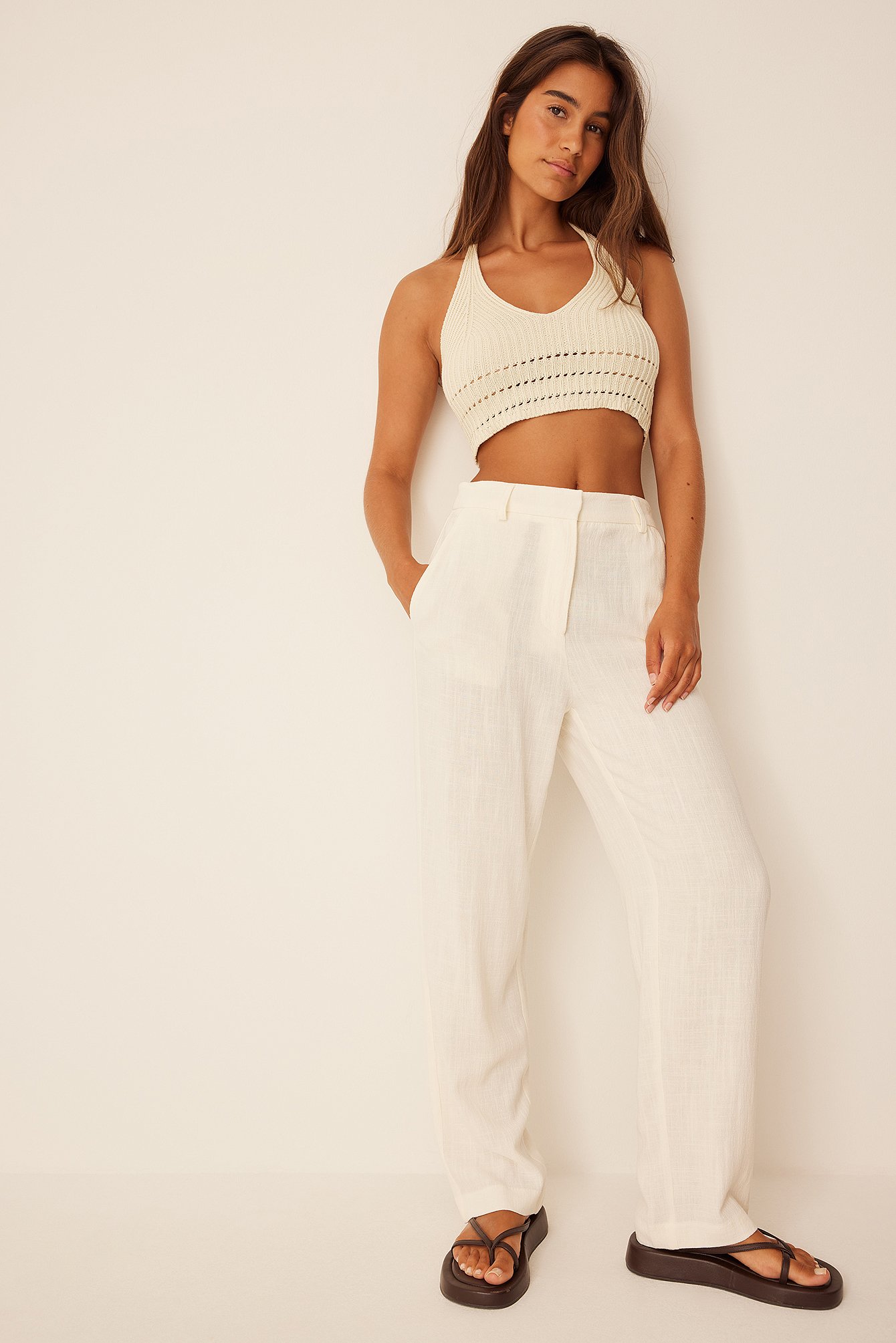 Linen Blend Straight Trousers Outfit