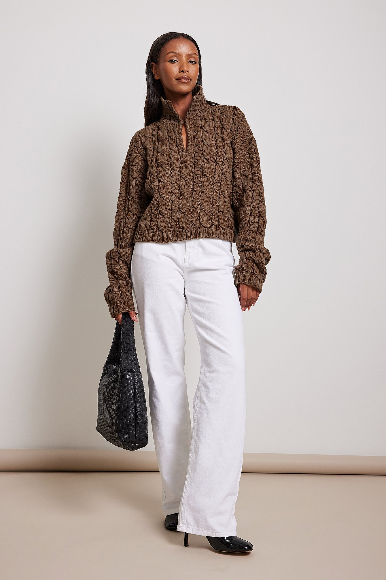 Keyhole Oversized Cropped Cable Knit Brown | na-kd.com