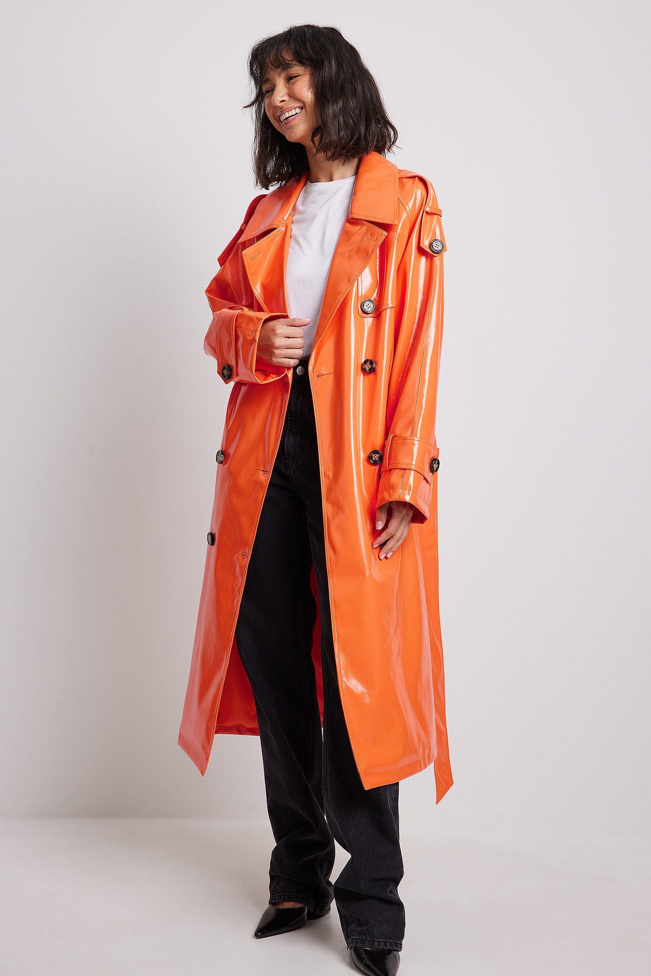 Orange Shiny PU Belted Trench Coat