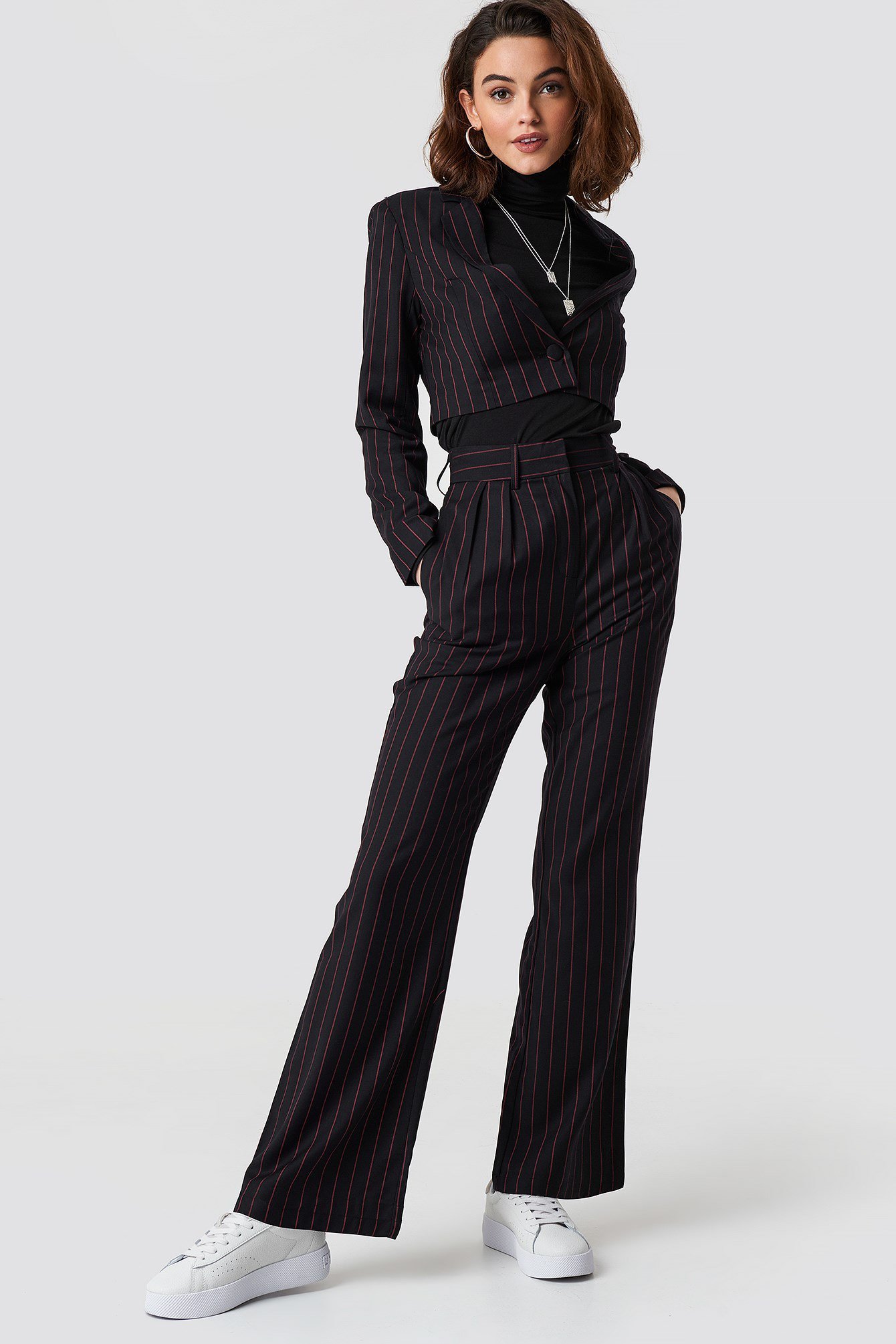 Pinstriped High Waist Flared Pants and Cropped Blazer