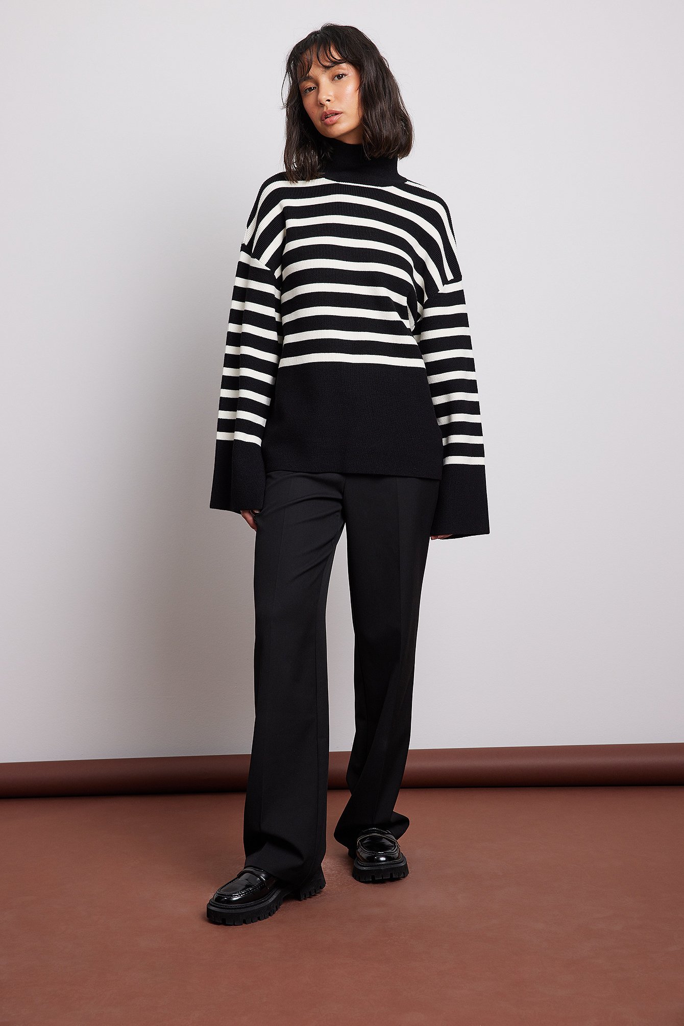Striped Turtle Neck Knitted Sweater Outfit